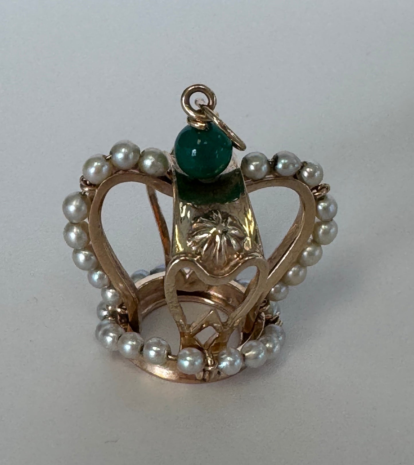 Mid Century Vintage 14K Gold Crown Pendant Natural Jade Pearl Accents Royal Design