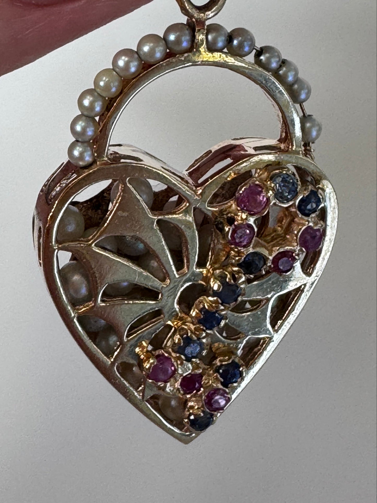 Mid century 14K gold key to my heart charm with rubies sapphires and rattling pearls inside heart lock, vintage charm bracelet piece