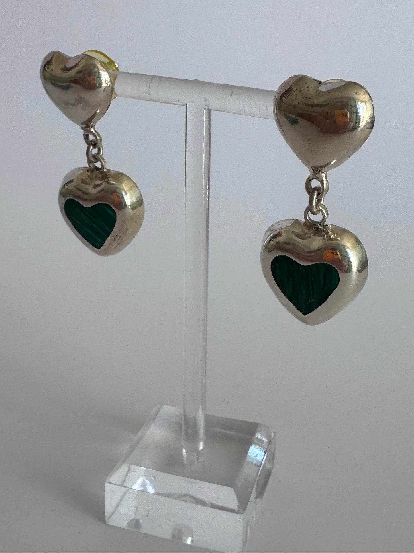 Estate Vintage Sterling Silver Malachite Heart Drop Earrings Double Heart Design