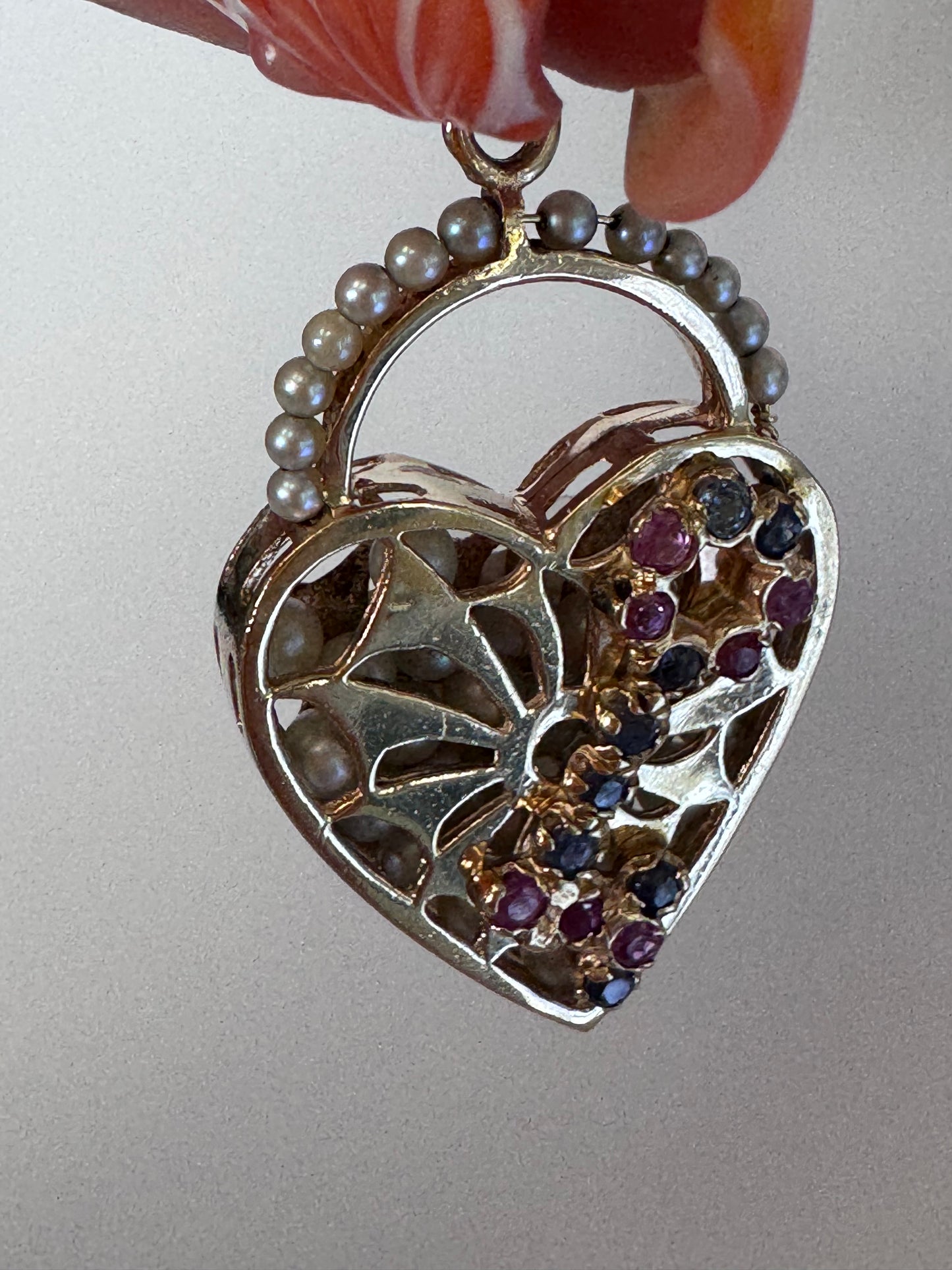 Mid century 14K gold key to my heart charm with rubies sapphires and rattling pearls inside heart lock, vintage charm bracelet piece