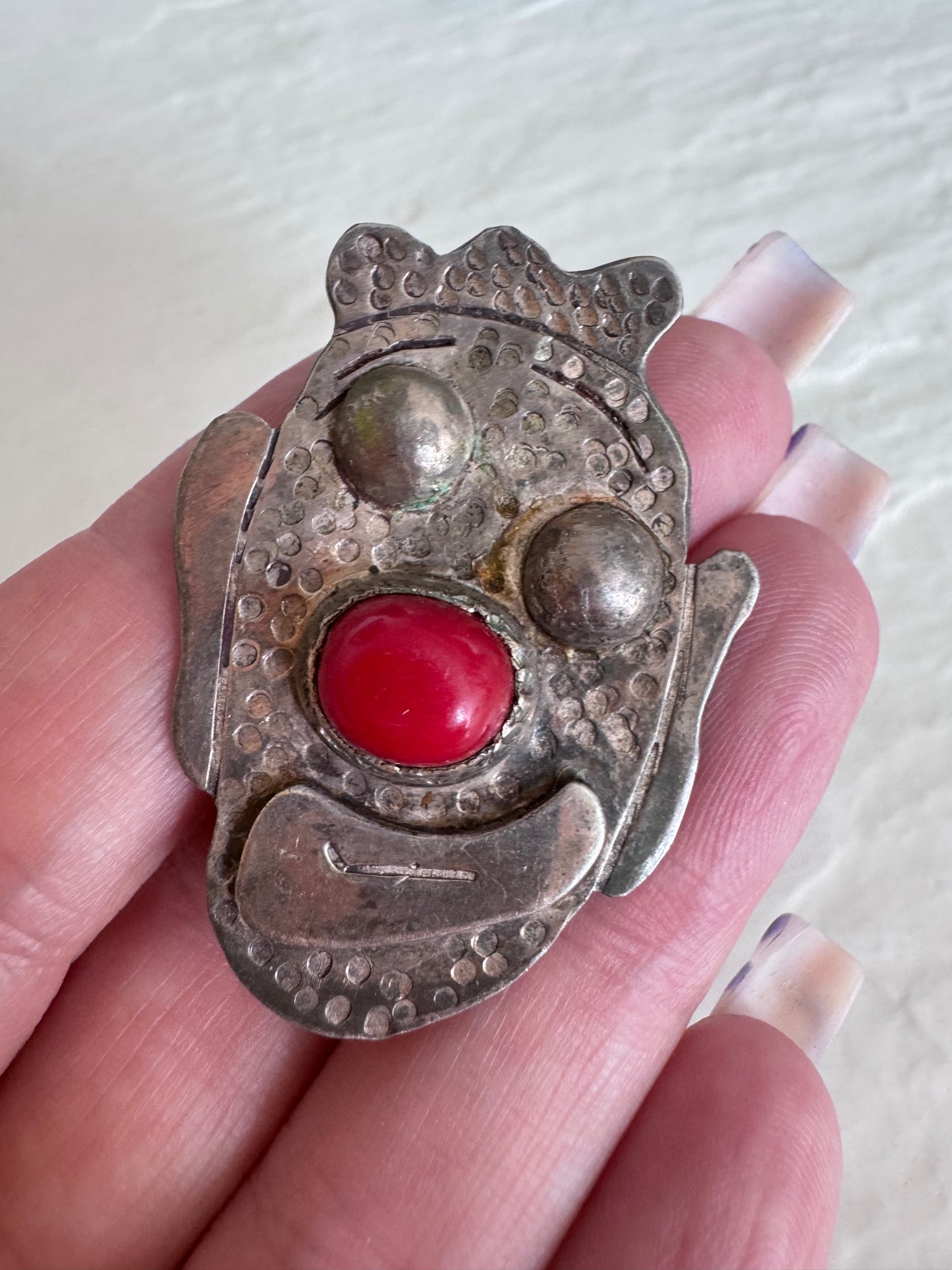 Sterling Silver Clown Face Pendant with Coral Nose - Native Made