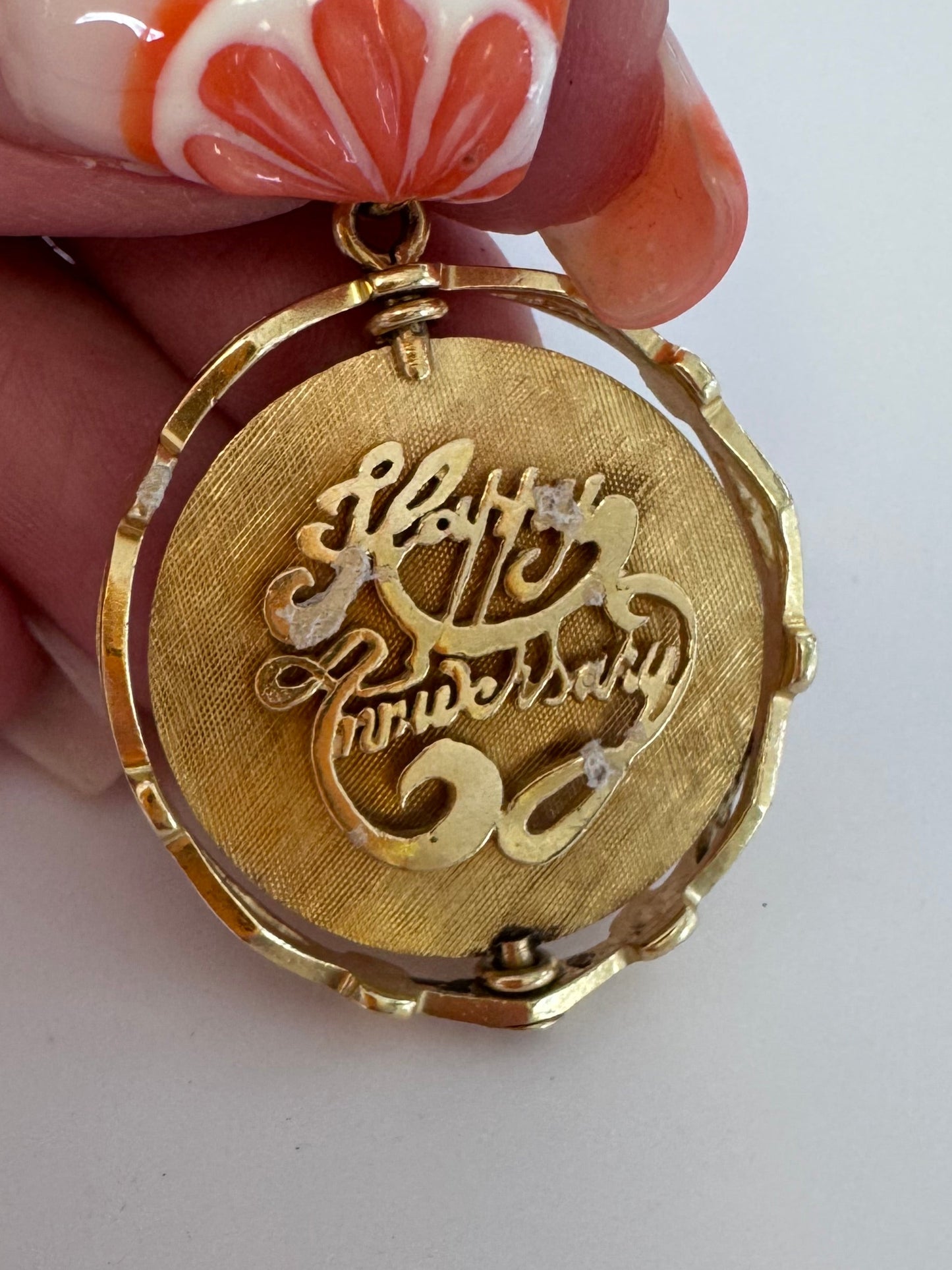 14K gold mechanical rotating Tree of Life anniversary pendant with pearls, flips to reveal Happy Anniversary message, vintage dual-sided jewelry
