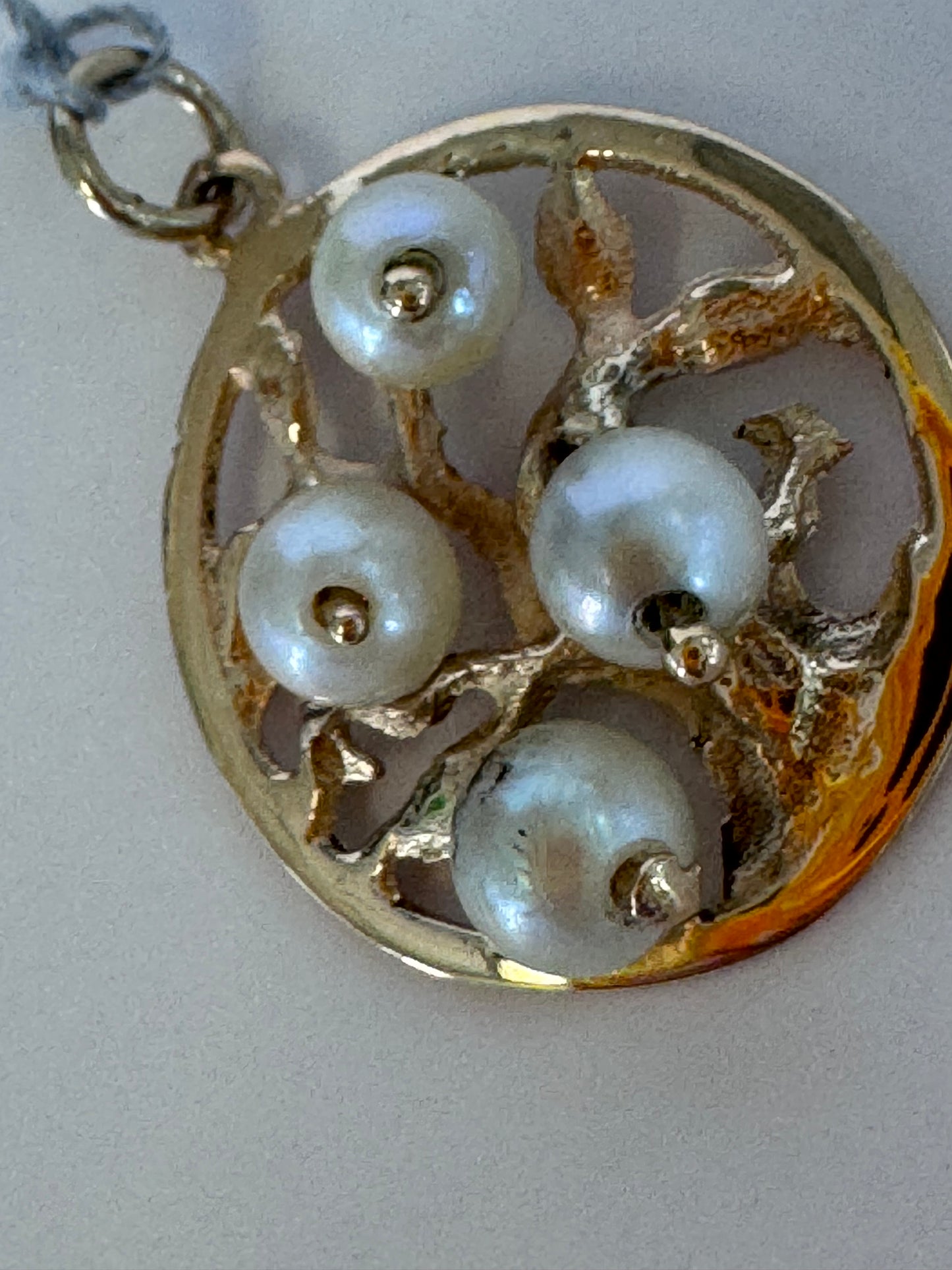 Vintage 14K gold Tree of Life pendant with four pearls set in openwork branches, estate jewelry