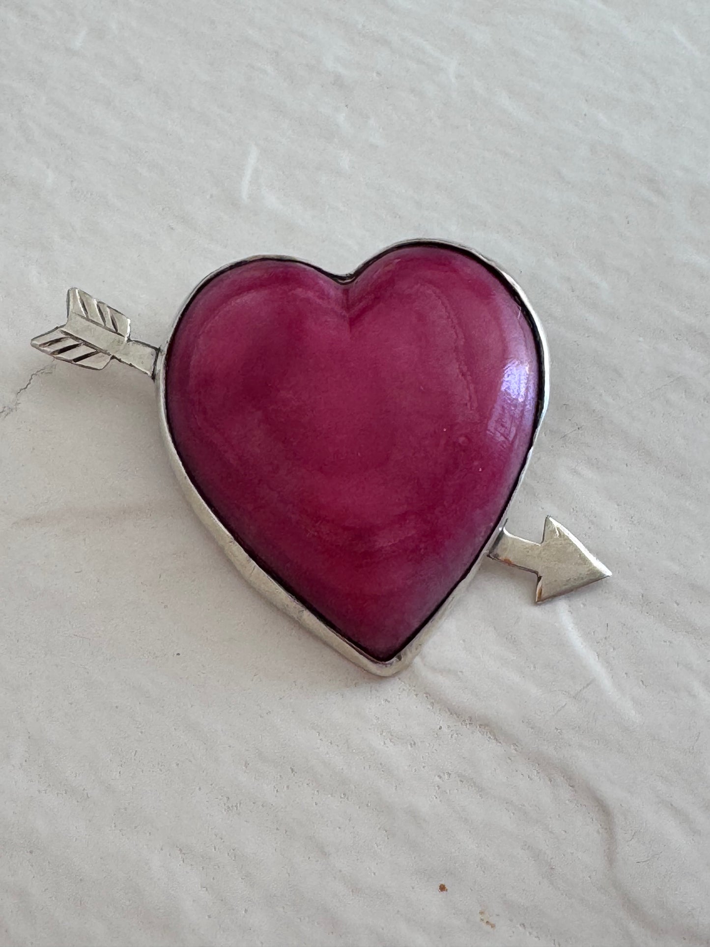 Estate Vintage Mexican Sterling Silver Rhodochrosite Heart Arrow Brooch Pin Pink Stone Valentine Love