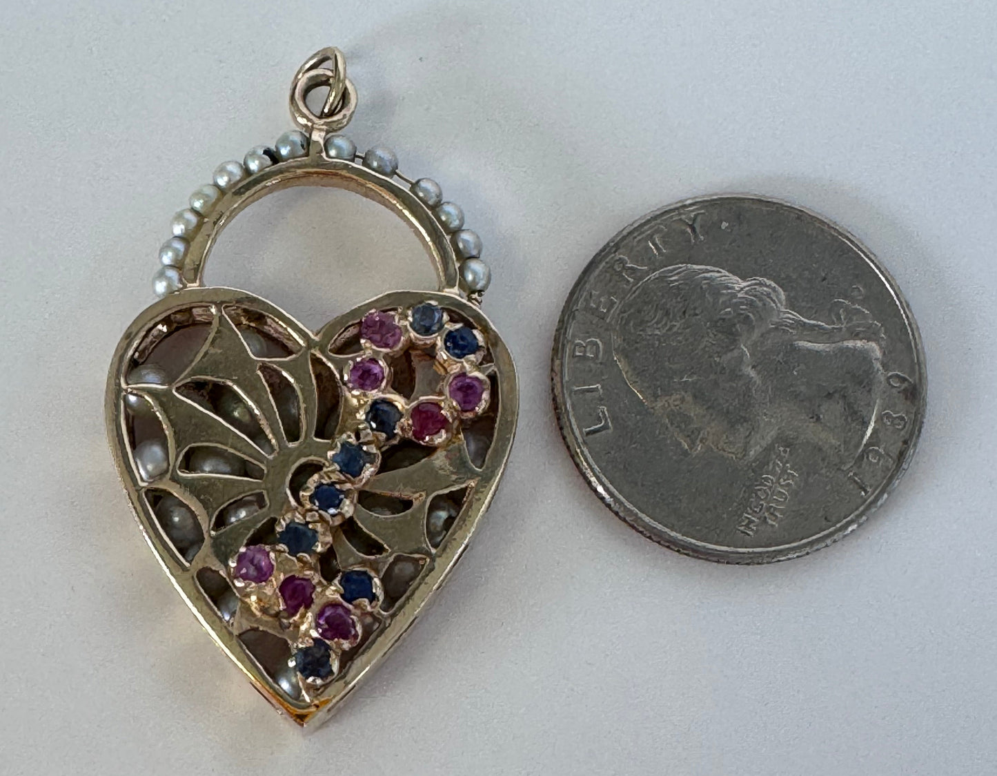 Mid century 14K gold key to my heart charm with rubies sapphires and rattling pearls inside heart lock, vintage charm bracelet piece