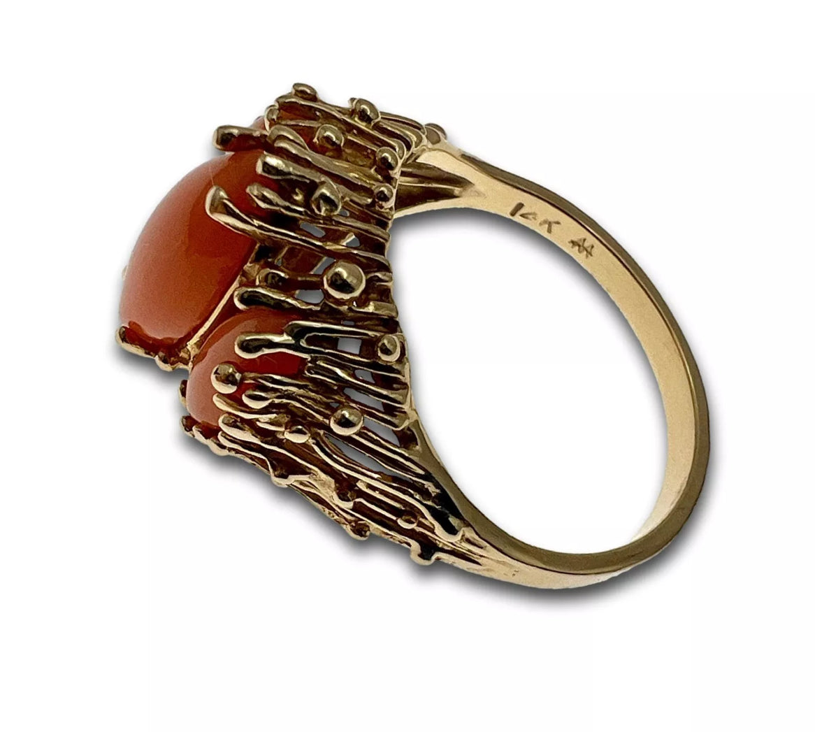 Vintage Estate 14K Gold Brutalist Coral Ring Mid Century Modern
