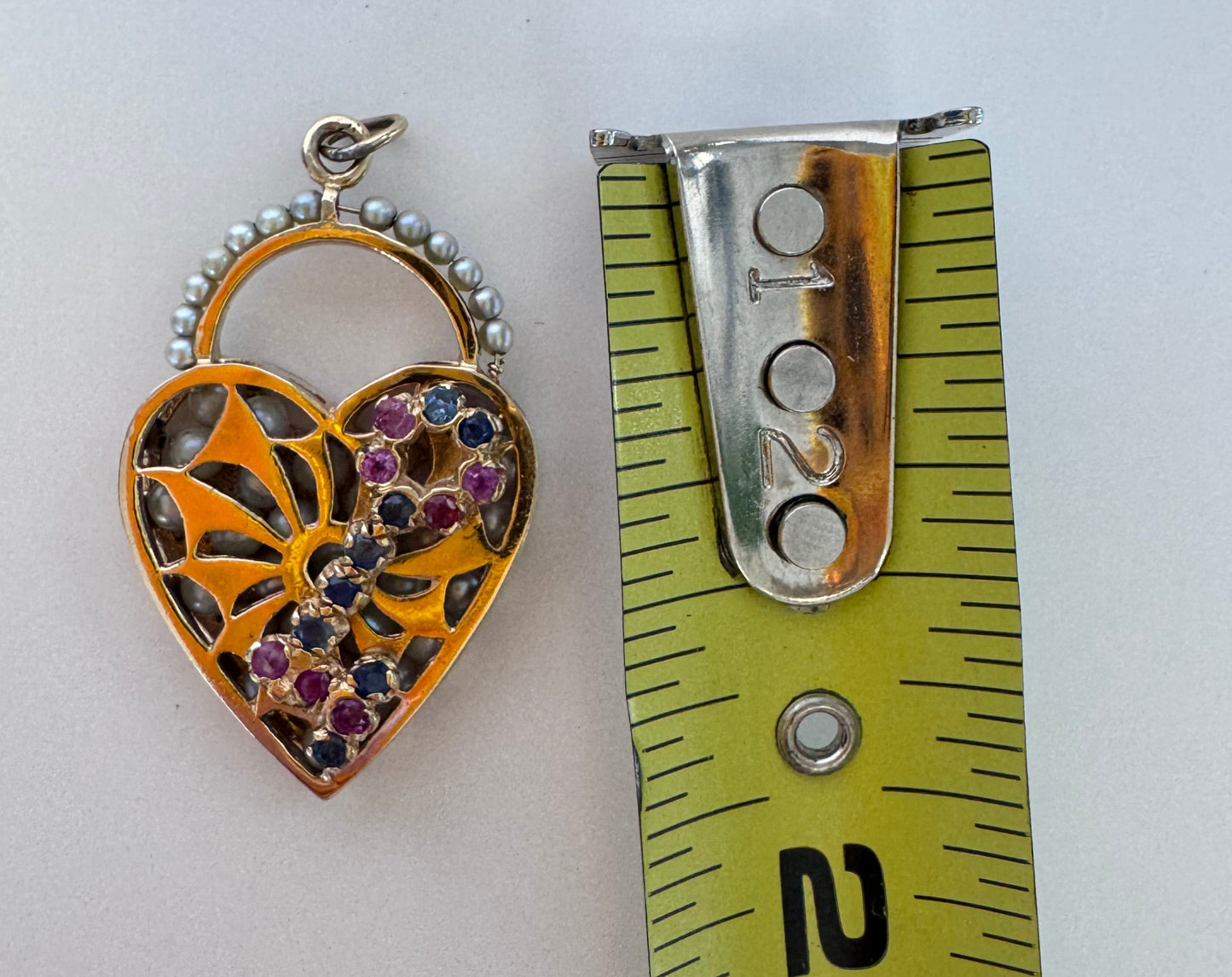 Mid century 14K gold key to my heart charm with rubies sapphires and rattling pearls inside heart lock, vintage charm bracelet piece