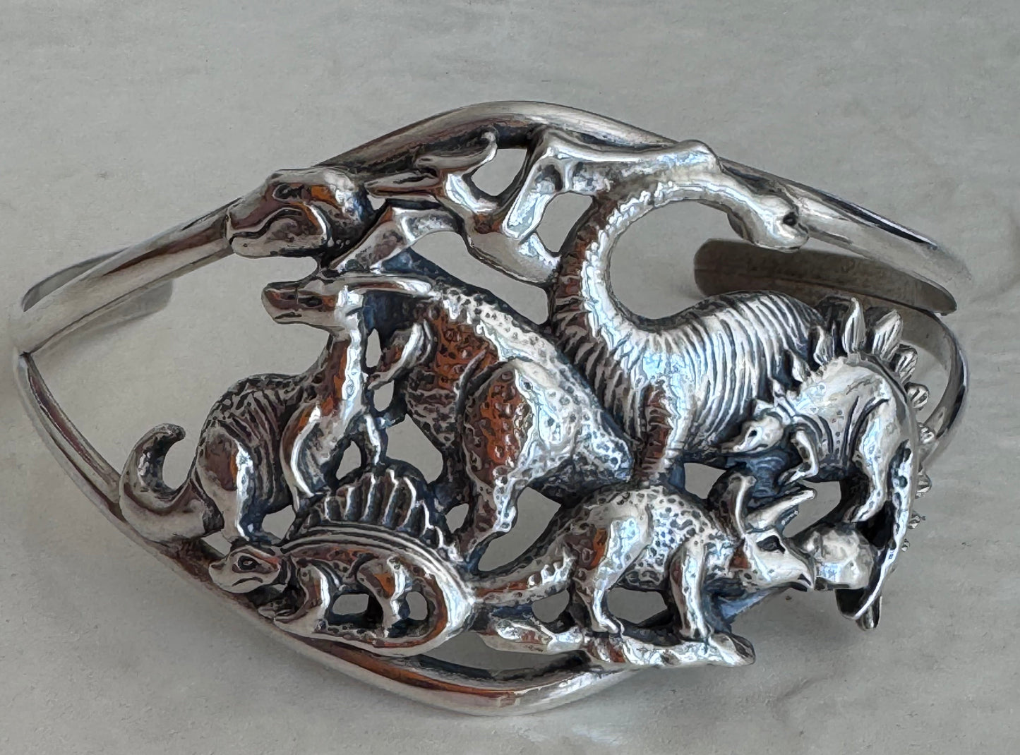 Estate Sterling Silver Dinosaur Kingdom Cuff | Prehistoric Scene Bracelet