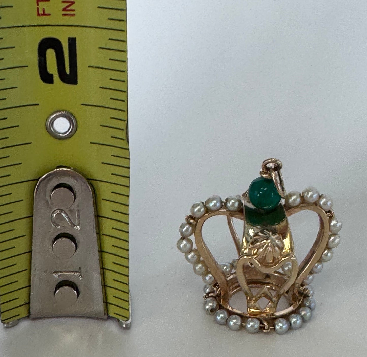 Mid Century Vintage 14K Gold Crown Pendant Natural Jade Pearl Accents Royal Design