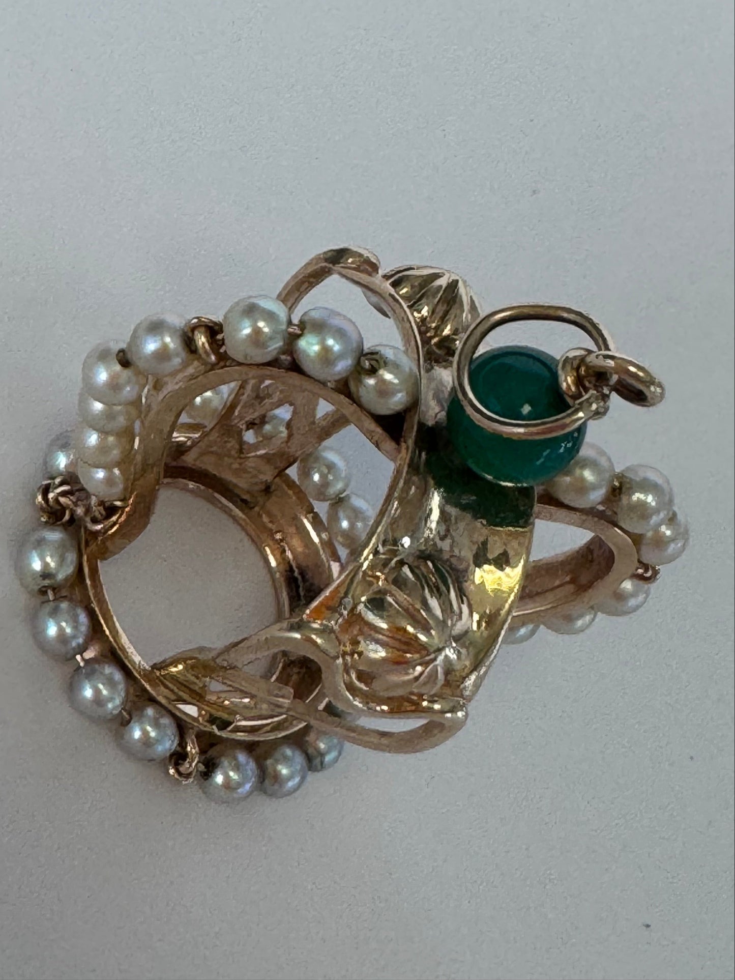 Mid Century Vintage 14K Gold Crown Pendant Natural Jade Pearl Accents Royal Design
