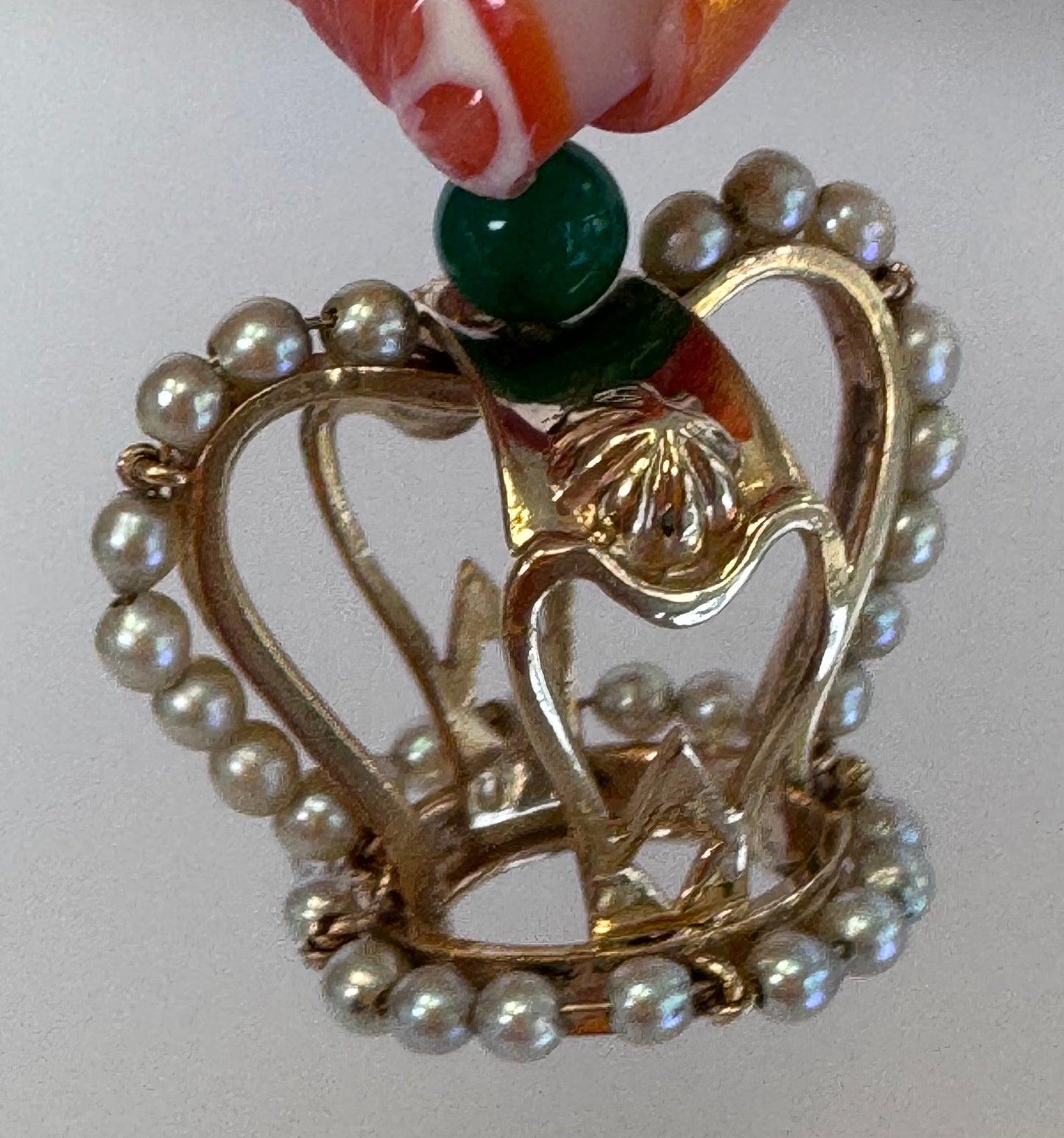 Mid Century Vintage 14K Gold Crown Pendant Natural Jade Pearl Accents Royal Design