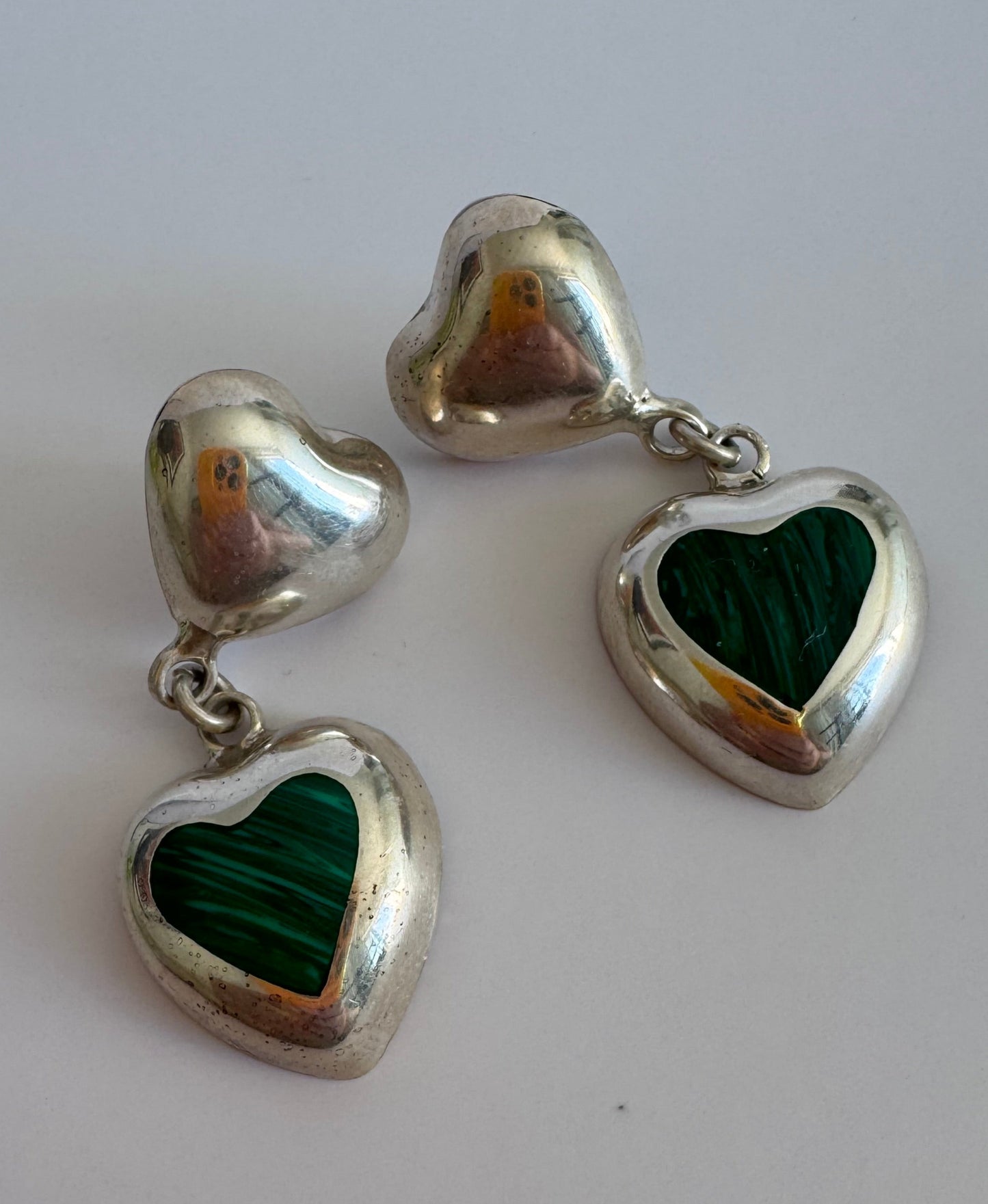 Estate Vintage Sterling Silver Malachite Heart Drop Earrings Double Heart Design