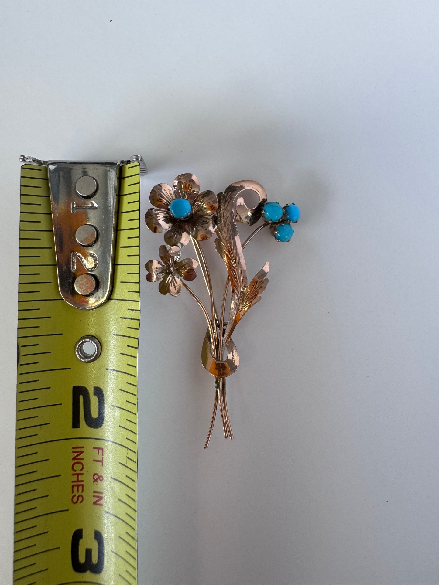 1940s estate rose gold floral brooch with turquoise cabochons, vintage dimensional flower pin jewelry