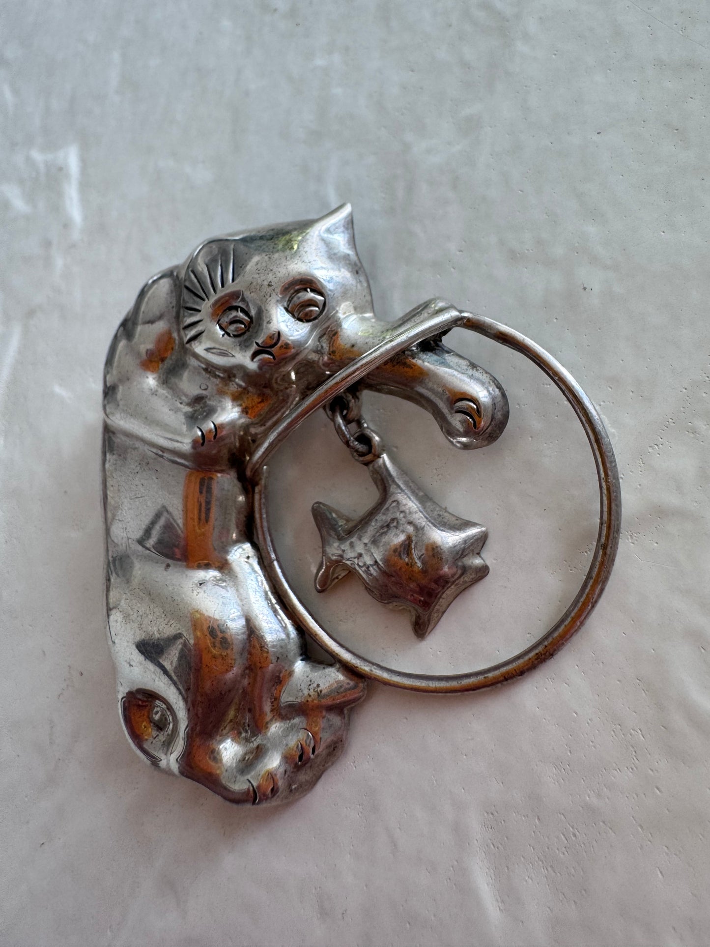 Estate Vintage Mexican Sterling Silver Cat with Fishbowl Brooch CII - Cat Ladies and Dads Rejoice!
