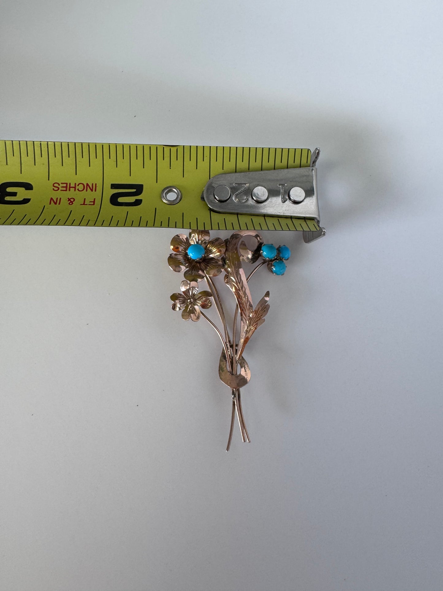 1940s estate rose gold floral brooch with turquoise cabochons, vintage dimensional flower pin jewelry