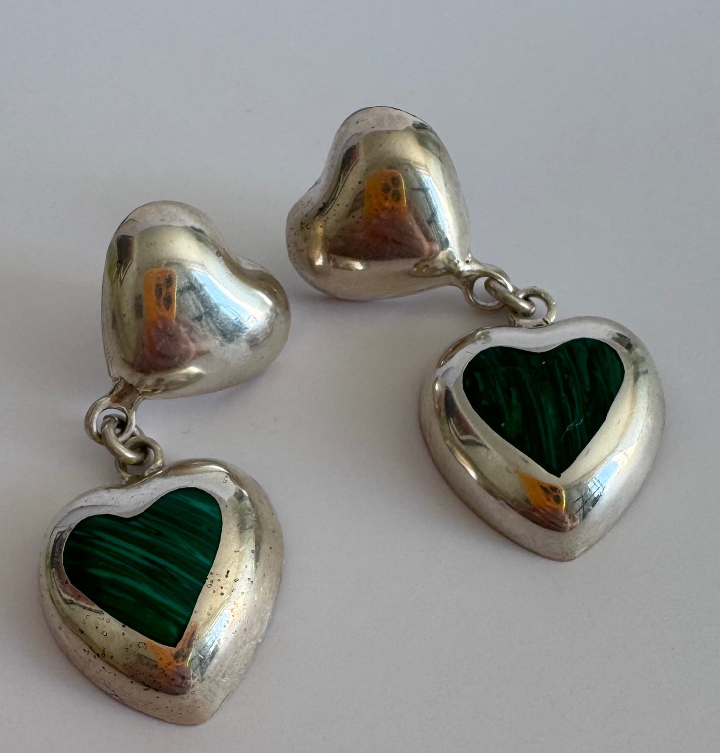 Estate Vintage Sterling Silver Malachite Heart Drop Earrings Double Heart Design