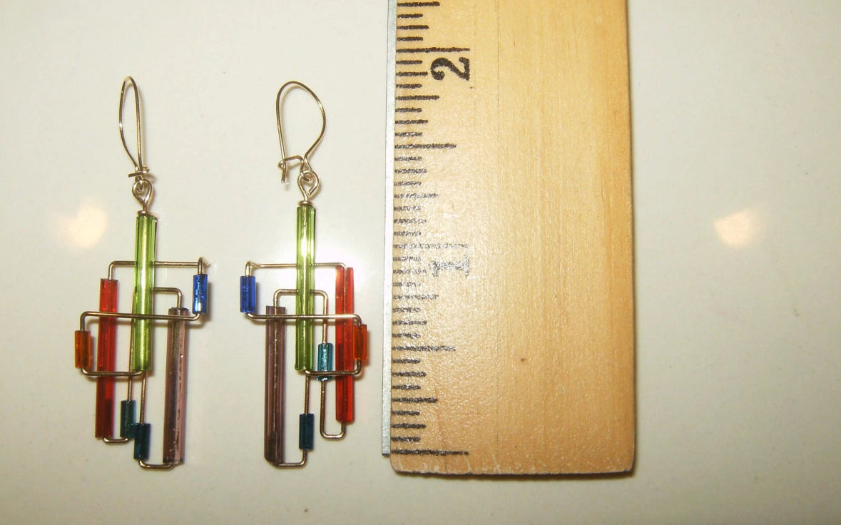 Estate Artist Made Modernist Mondrian 14K Gold Rainbow Maze Earrings