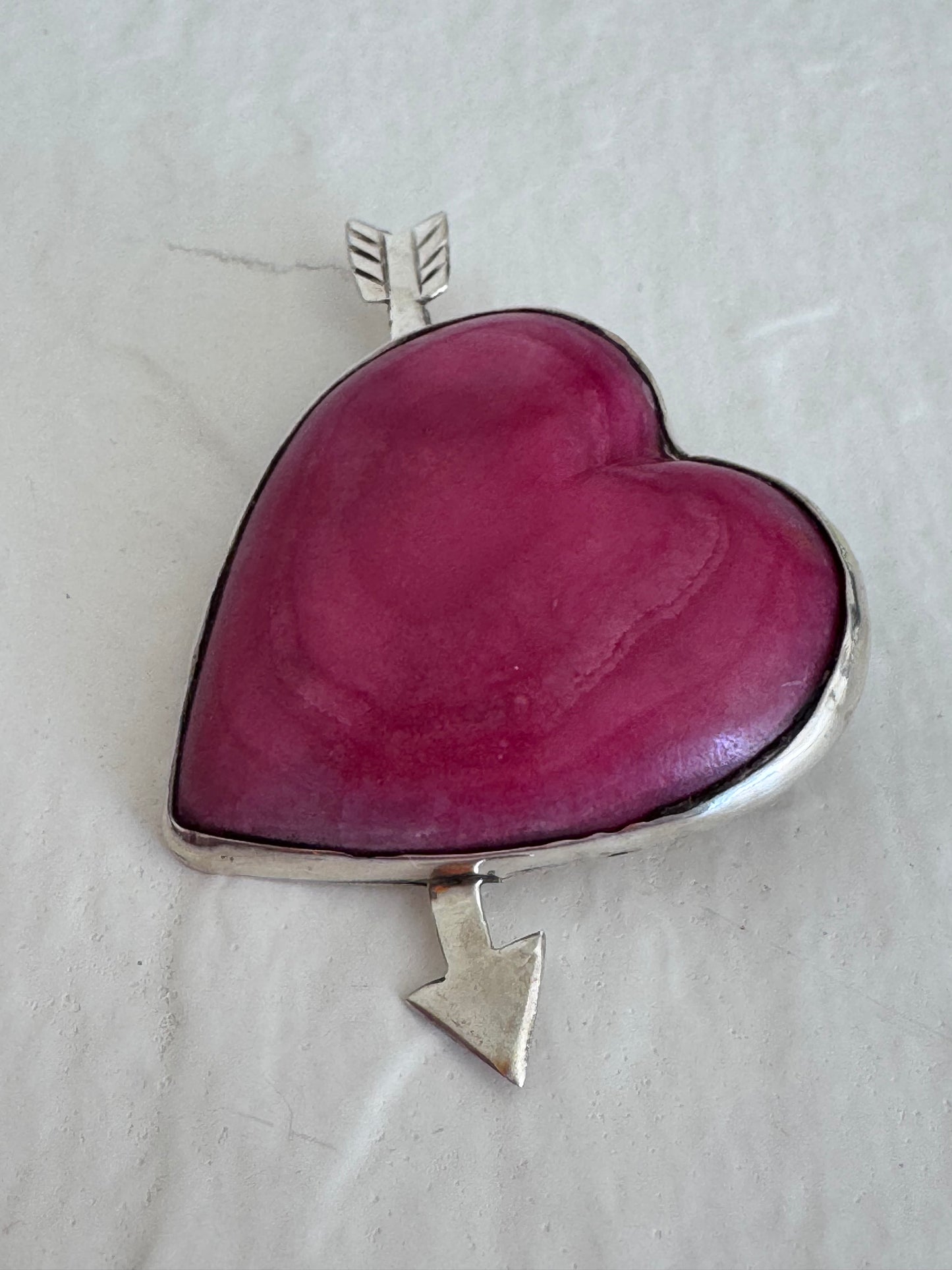 Estate Vintage Mexican Sterling Silver Rhodochrosite Heart Arrow Brooch Pin Pink Stone Valentine Love