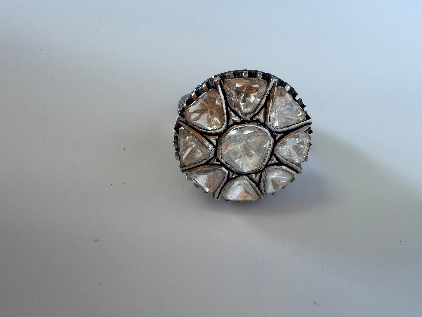 Estate sterling silver Polki rose cut diamond flower ring traditional Indian Mughal style uncut diamonds