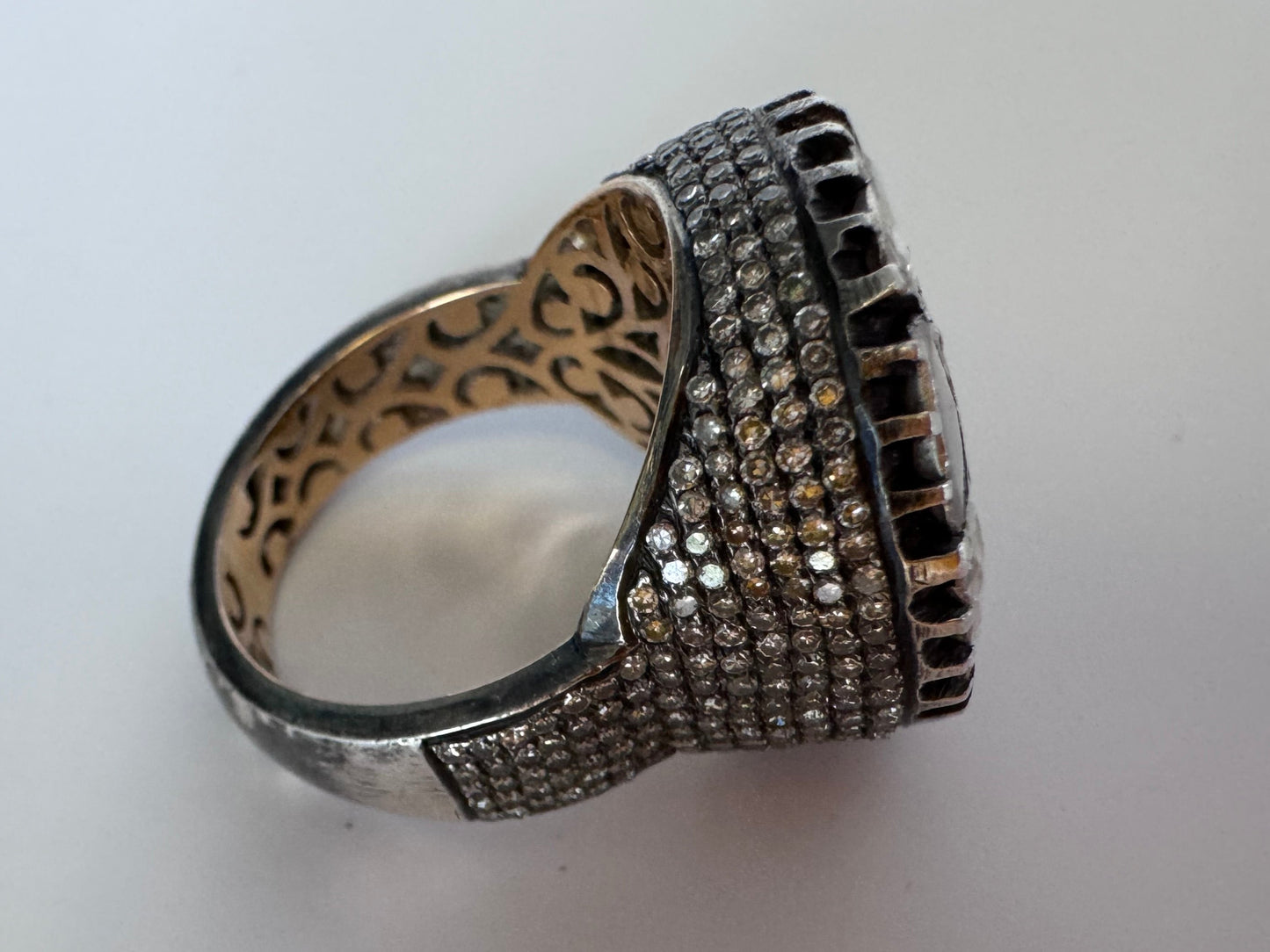 Estate sterling silver Polki rose cut diamond flower ring traditional Indian Mughal style uncut diamonds
