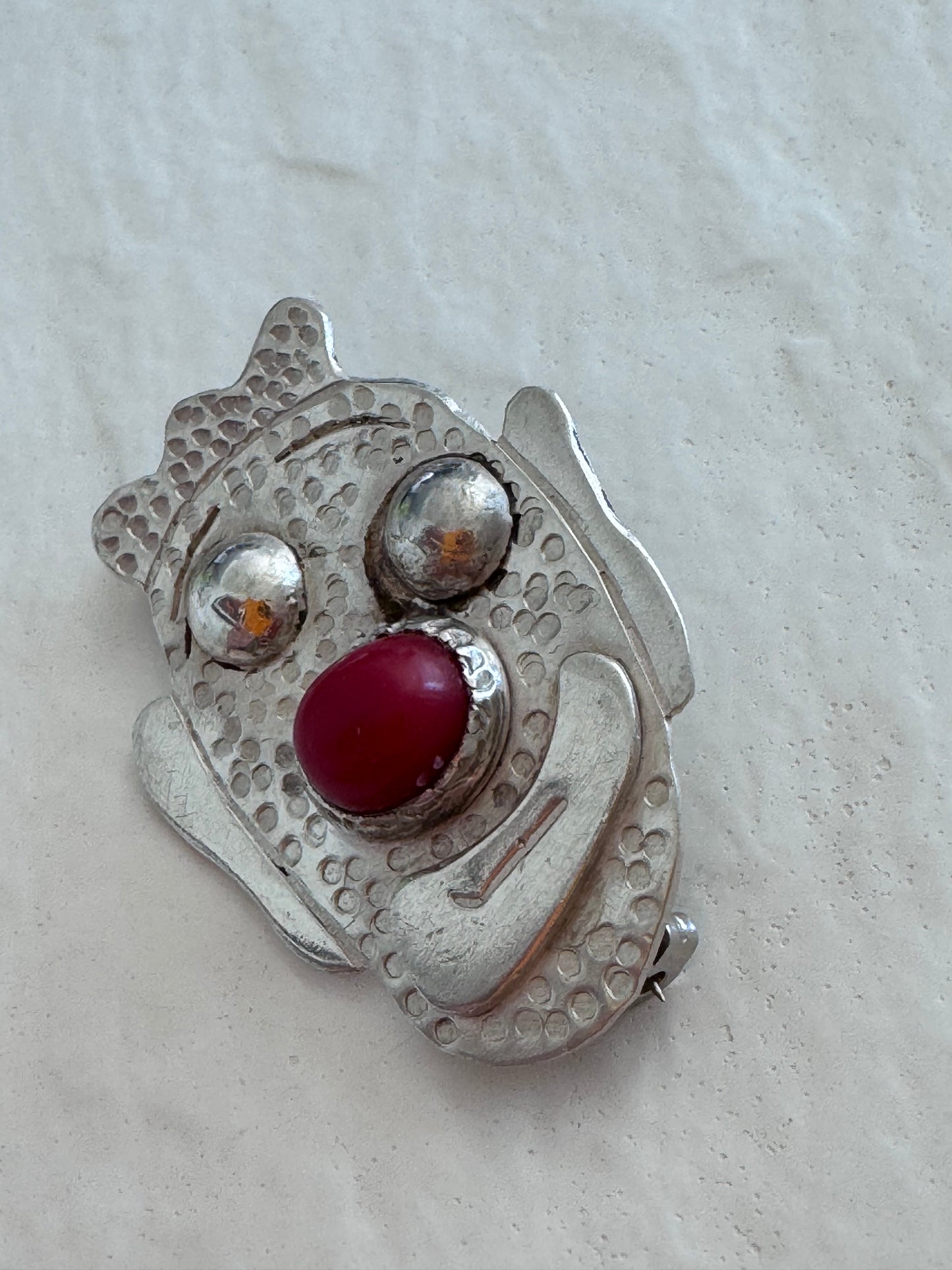 Sterling Silver Clown Face Pendant with Coral Nose - Native Made