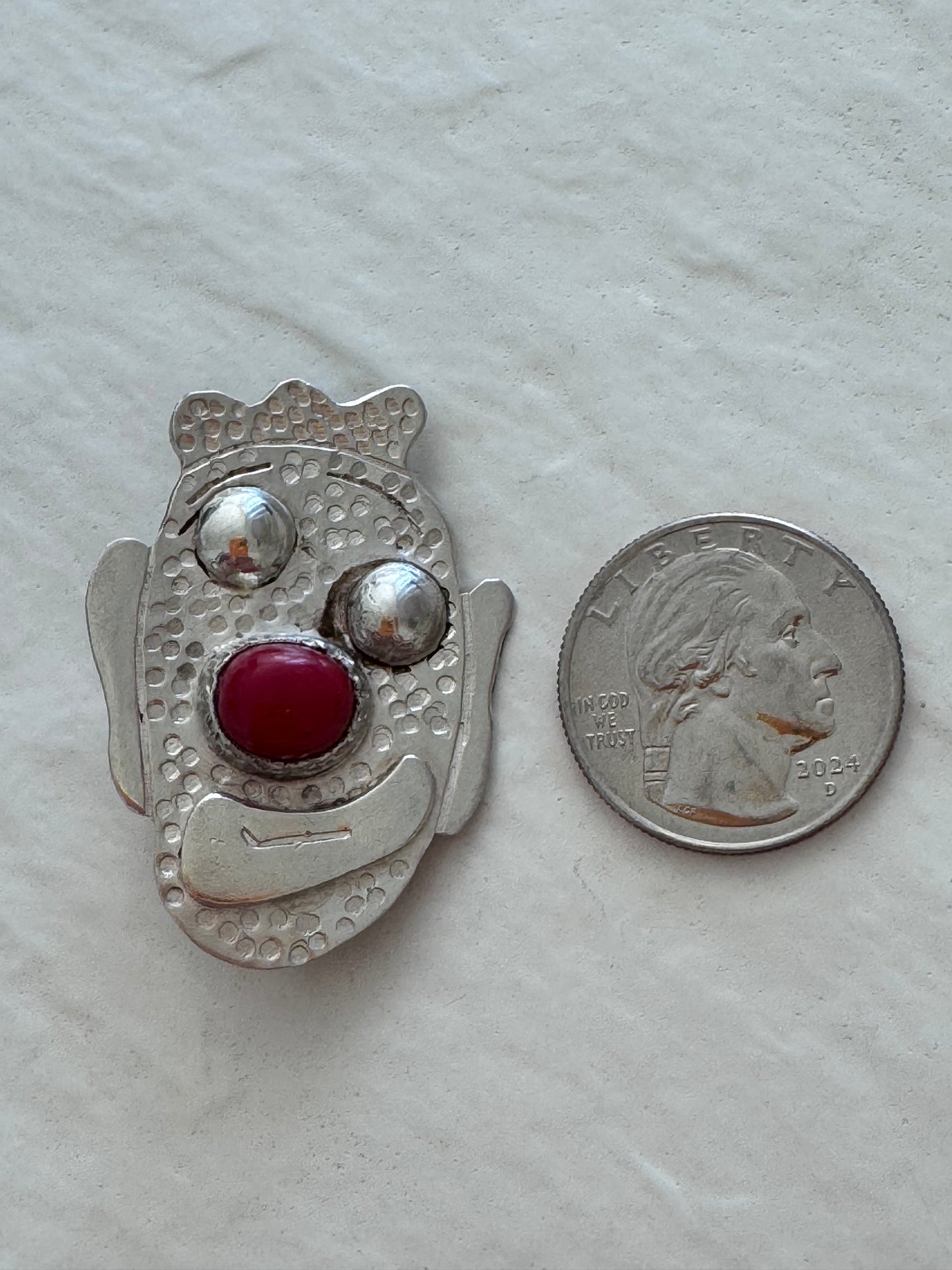 Sterling Silver Clown Face Pendant with Coral Nose - Native Made