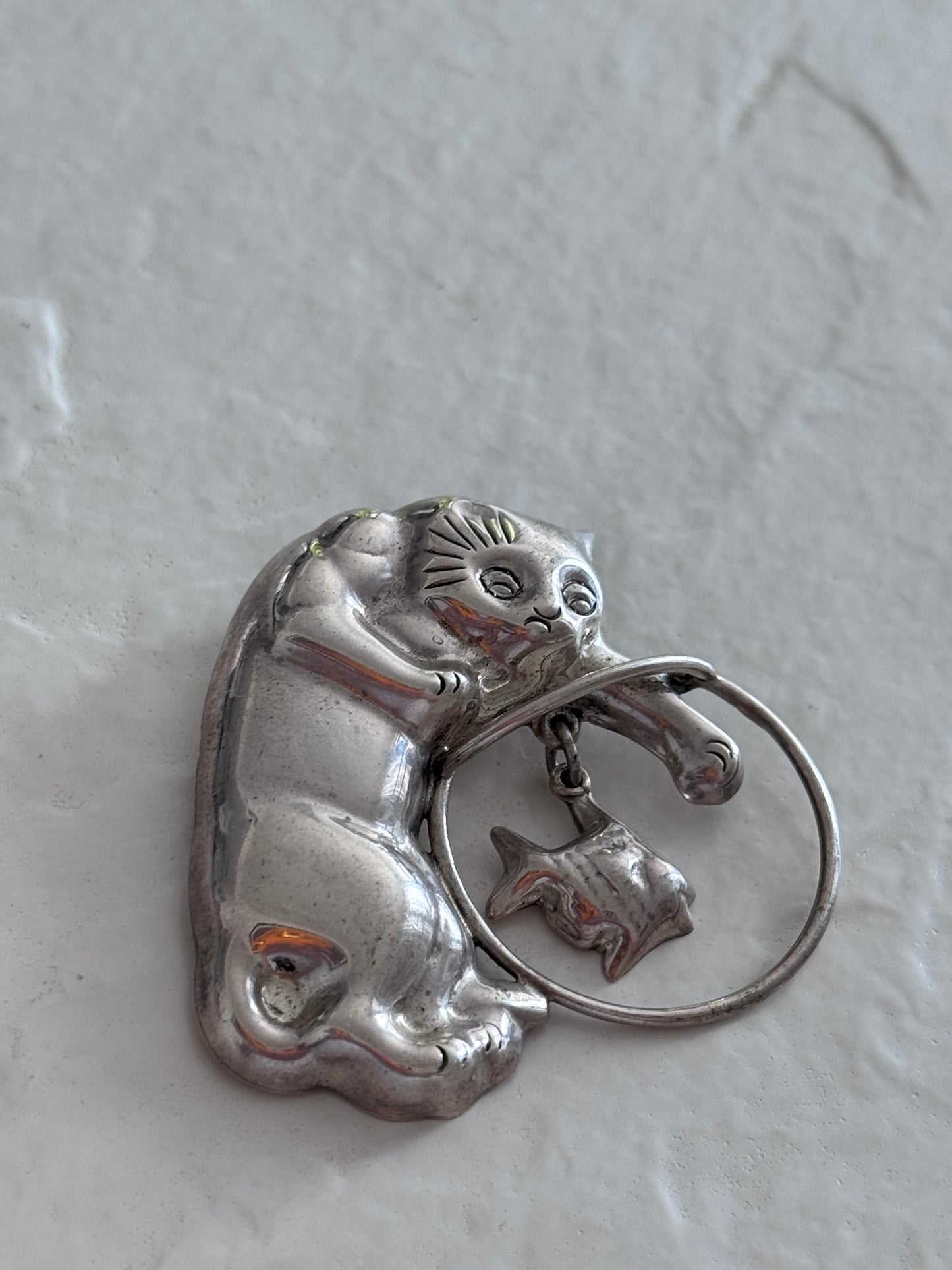 Estate Vintage Mexican Sterling Silver Cat with Fishbowl Brooch CII - Cat Ladies and Dads Rejoice!