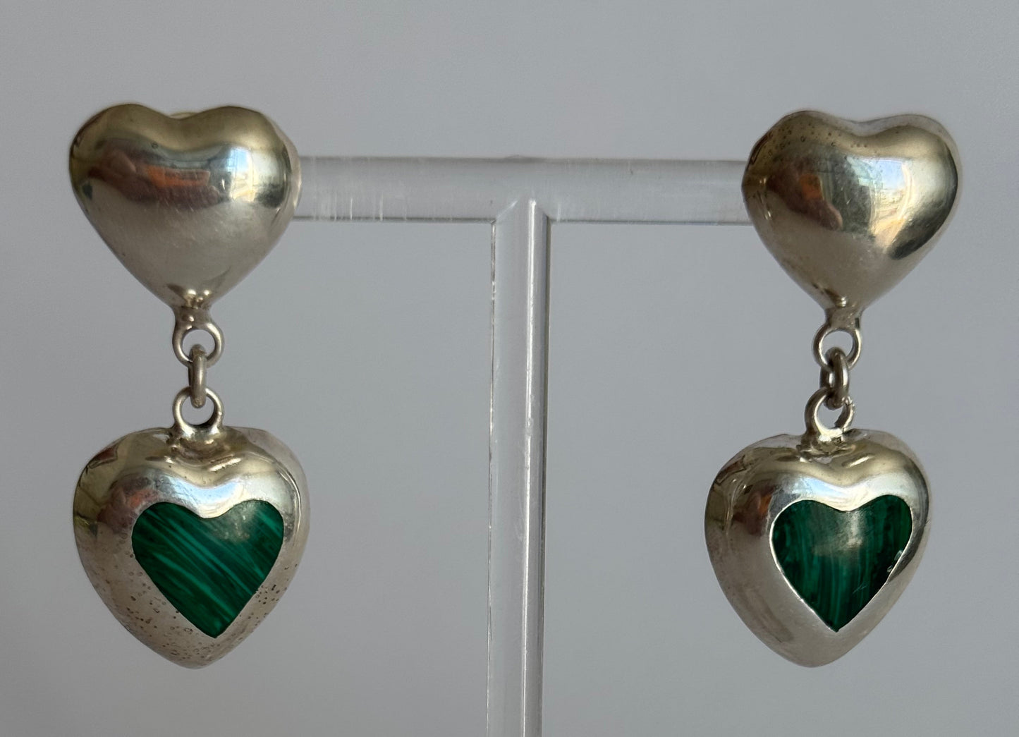 Estate Vintage Sterling Silver Malachite Heart Drop Earrings Double Heart Design