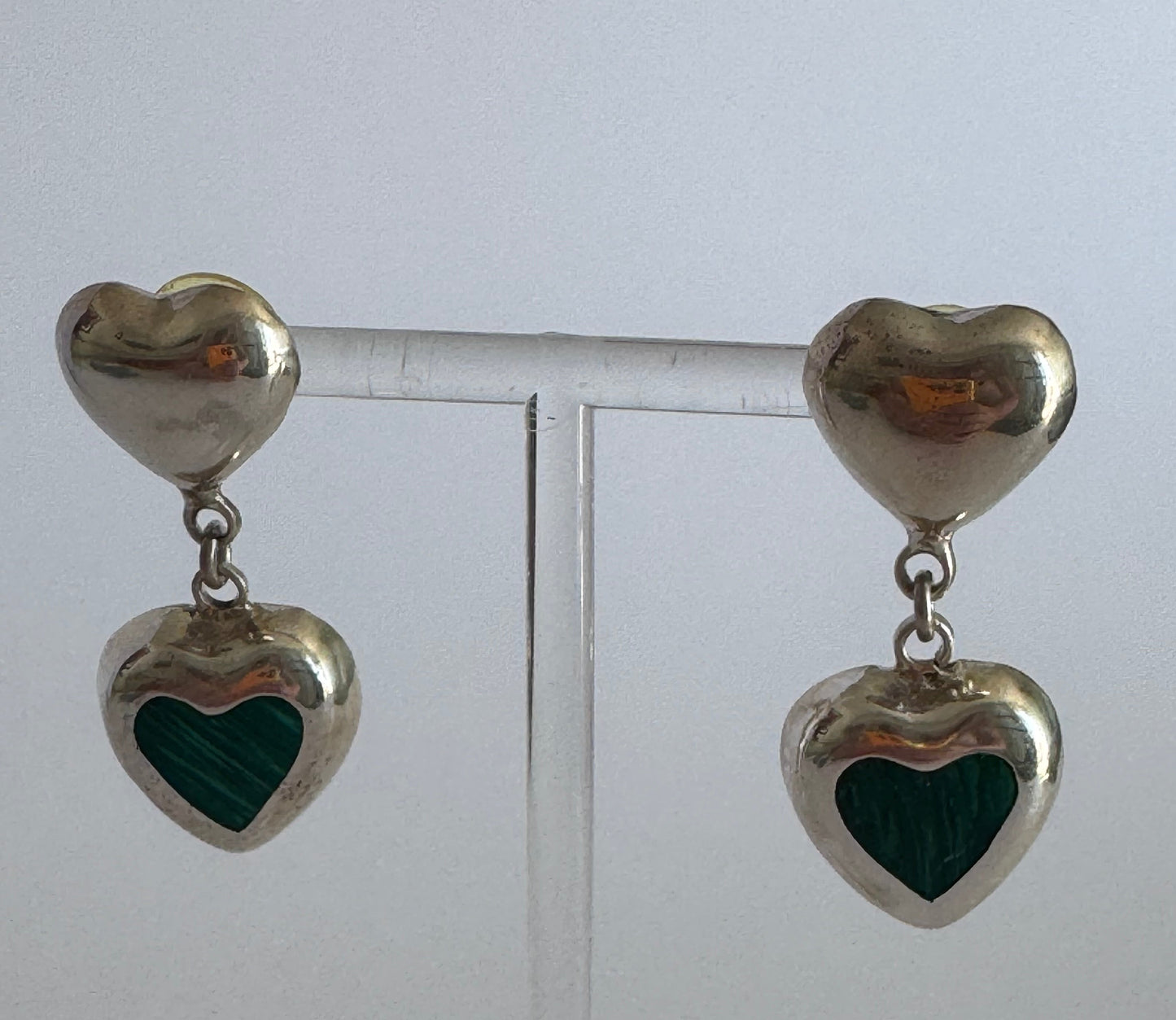 Estate Vintage Sterling Silver Malachite Heart Drop Earrings Double Heart Design