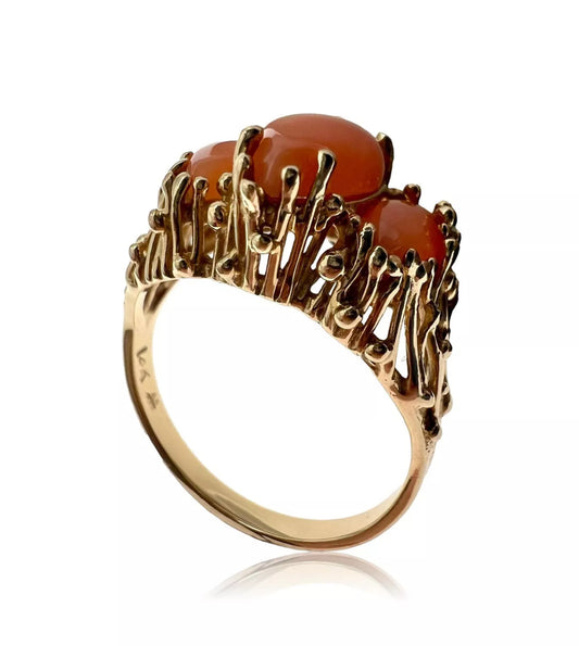 Vintage Estate 14K Gold Brutalist Coral Ring Mid Century Modern