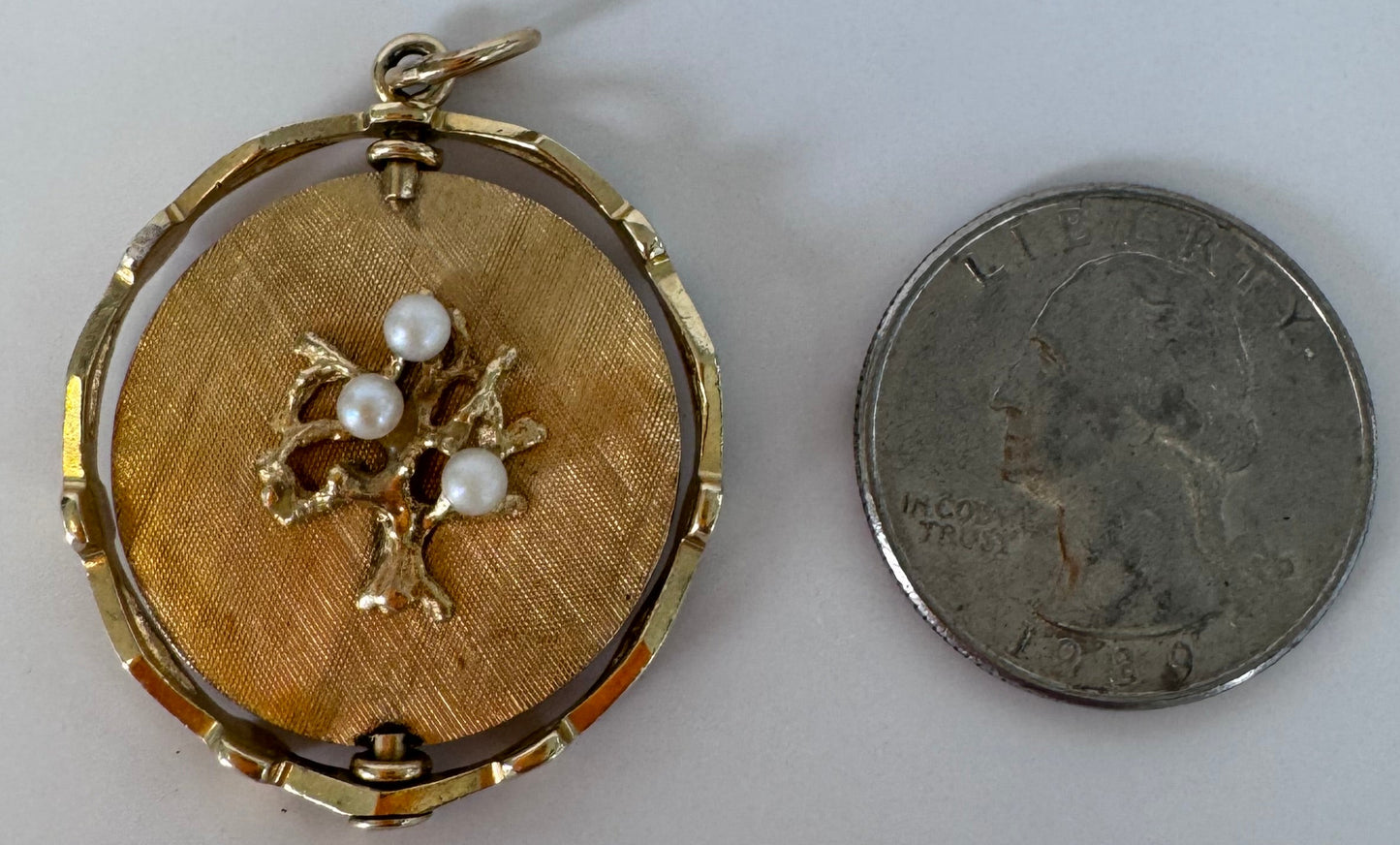 14K gold mechanical rotating Tree of Life anniversary pendant with pearls, flips to reveal Happy Anniversary message, vintage dual-sided jewelry