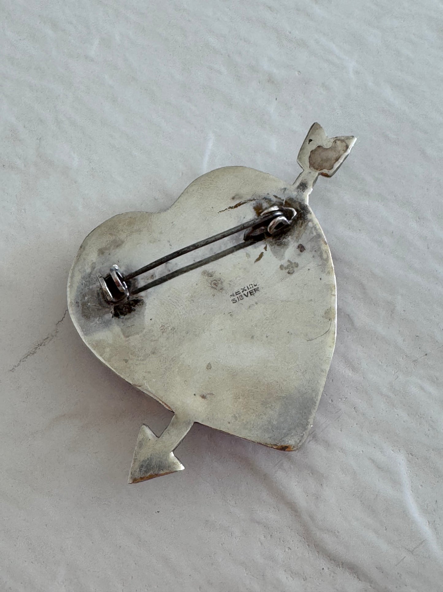 Estate Vintage Mexican Sterling Silver Rhodochrosite Heart Arrow Brooch Pin Pink Stone Valentine Love