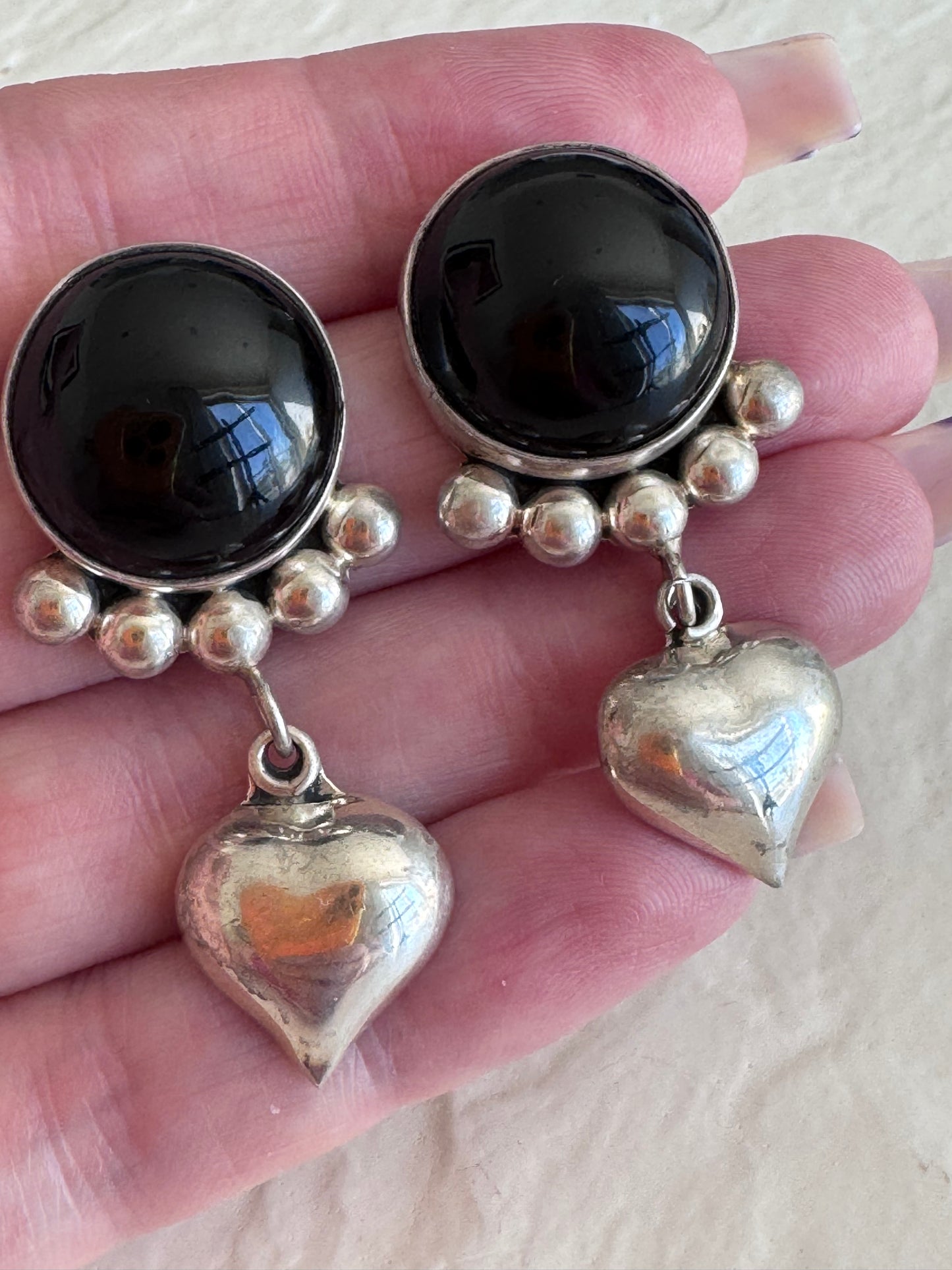 Estate Onyx Heart Drop Earrings Taxco Sterling Silver Signed TO-53