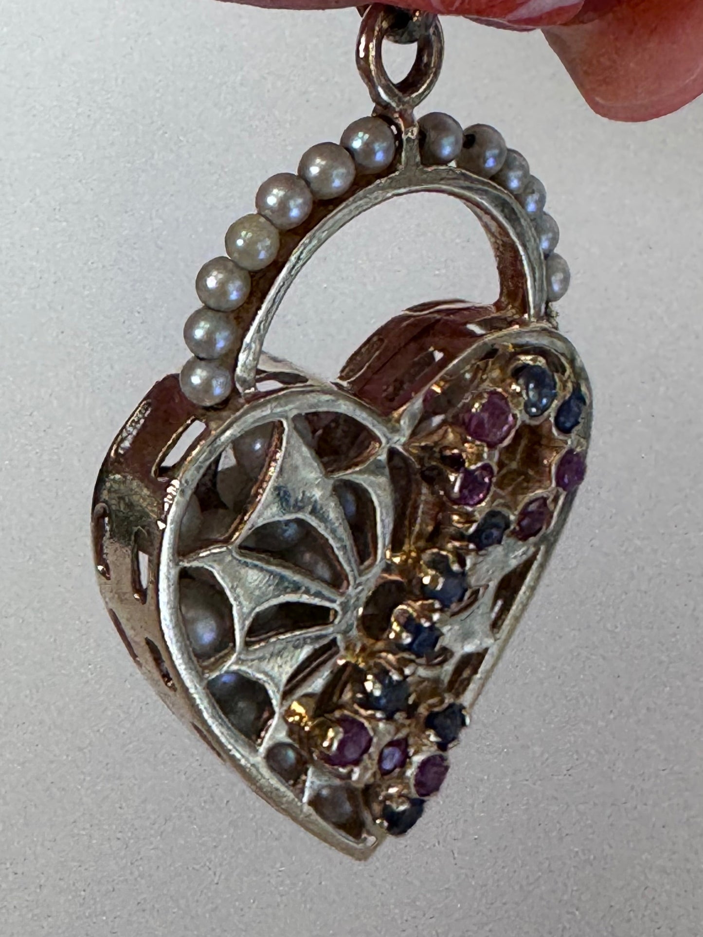 Mid century 14K gold key to my heart charm with rubies sapphires and rattling pearls inside heart lock, vintage charm bracelet piece