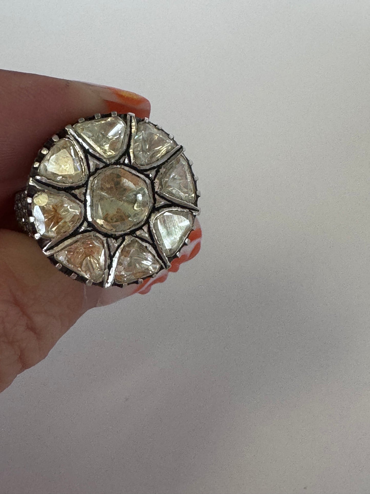 Estate Sterling Silver Polki Rose Cut Diamond Flower Ring Traditional Indian Mughal Style