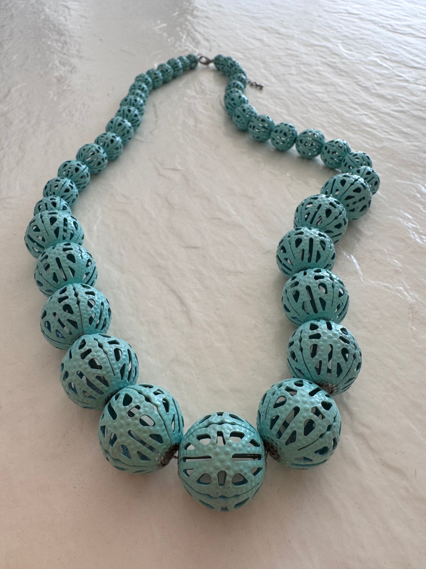 Vintage Turquoise Metal Filigree Bead Necklace Graduated