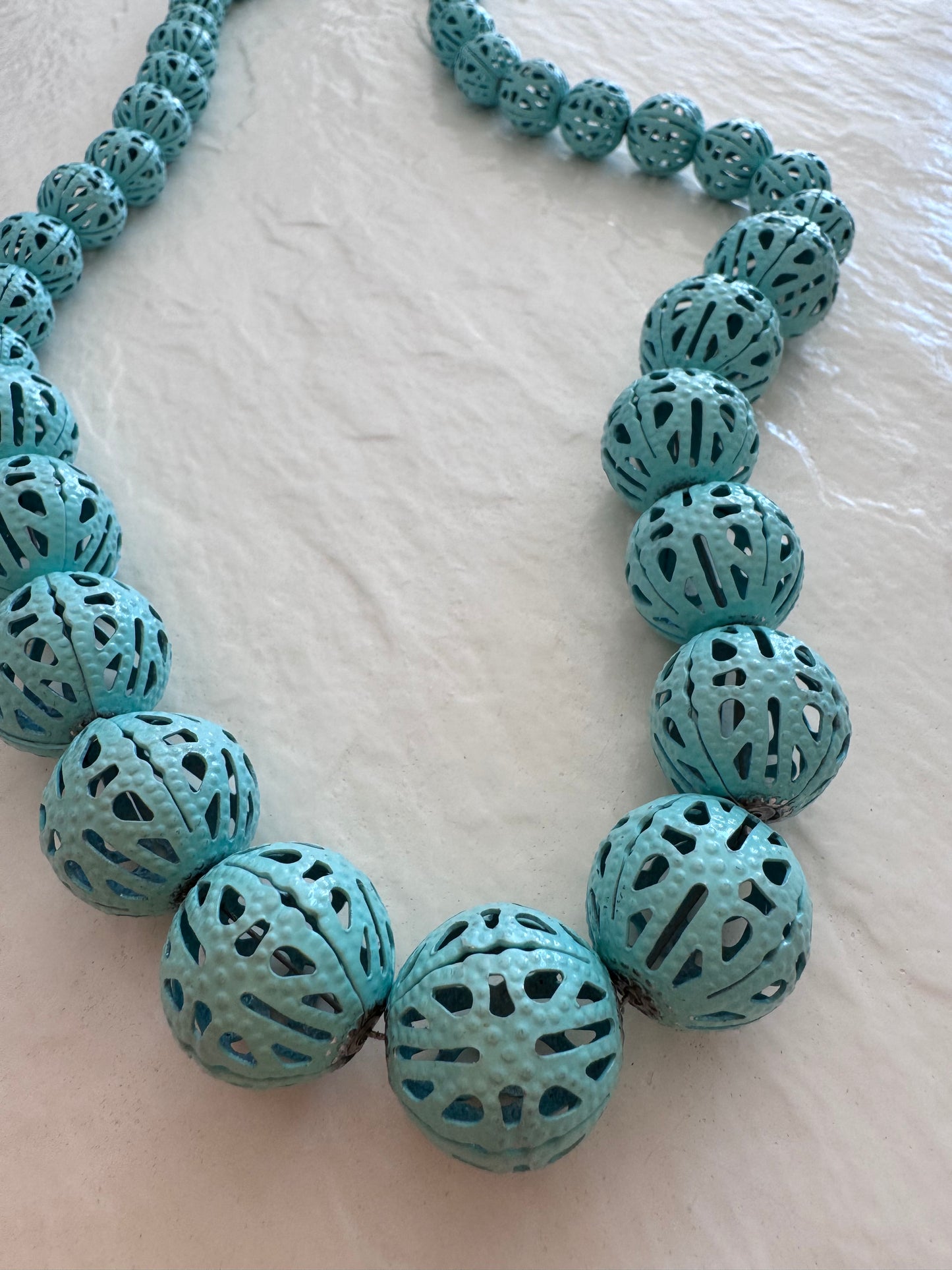Vintage Turquoise Metal Filigree Bead Necklace Graduated