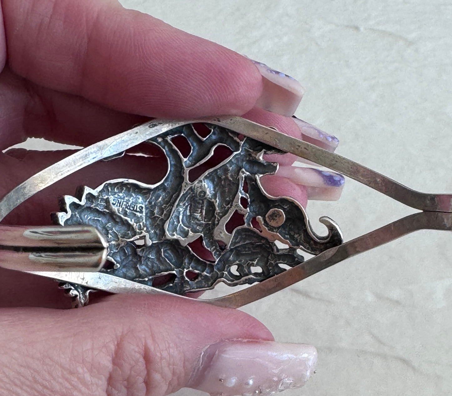 Estate Sterling Silver Dinosaur Kingdom Cuff | Prehistoric Scene Bracelet