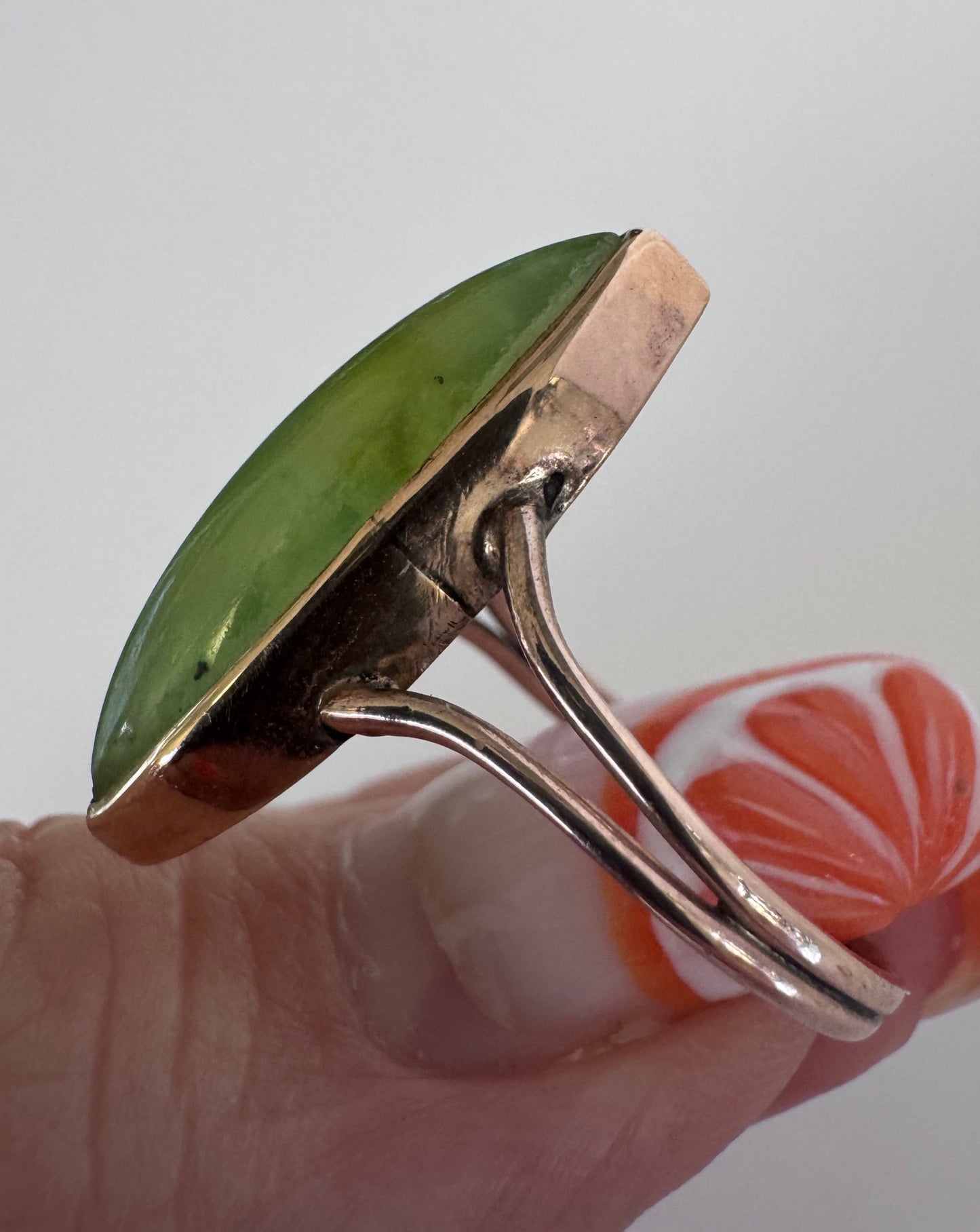 Vintage 9K Gold Jade Navette Ring Marquise Shape Jade