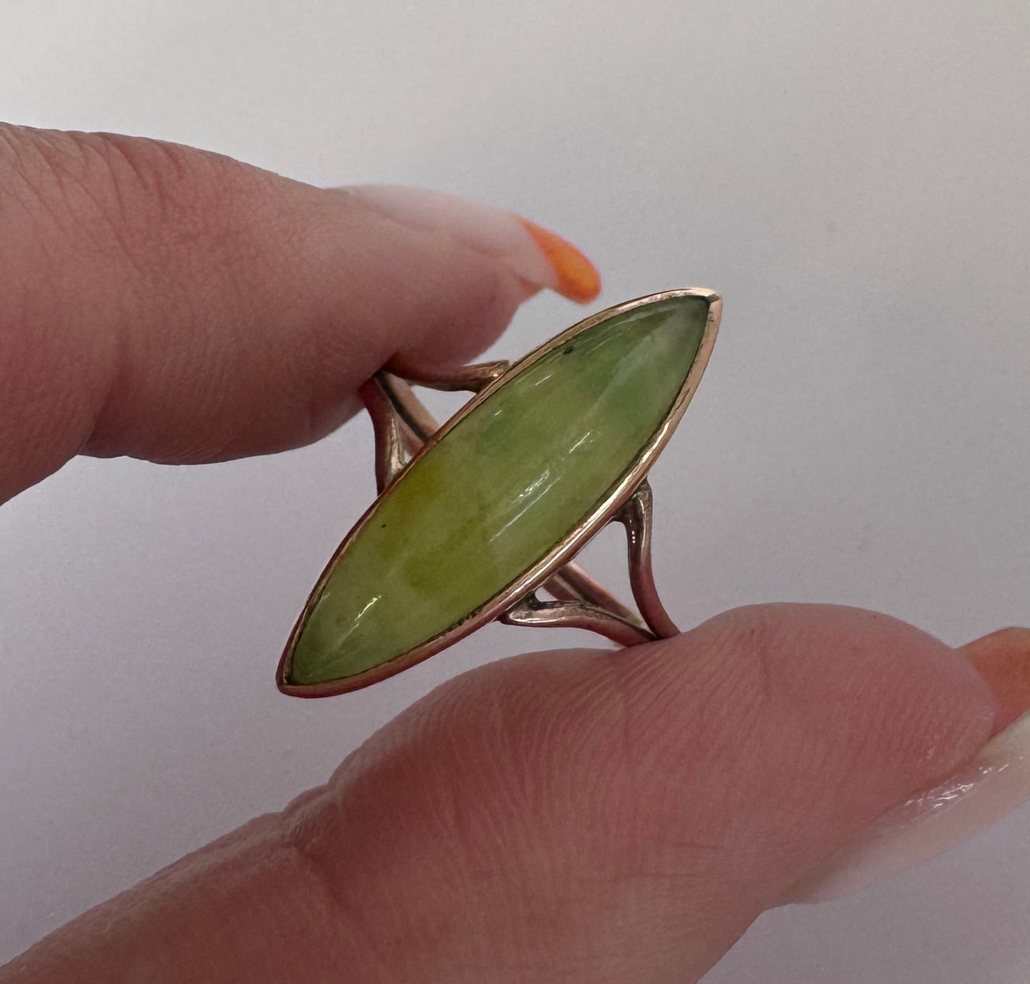 Vintage 9K Gold Jade Navette Ring Marquise Shape Jade