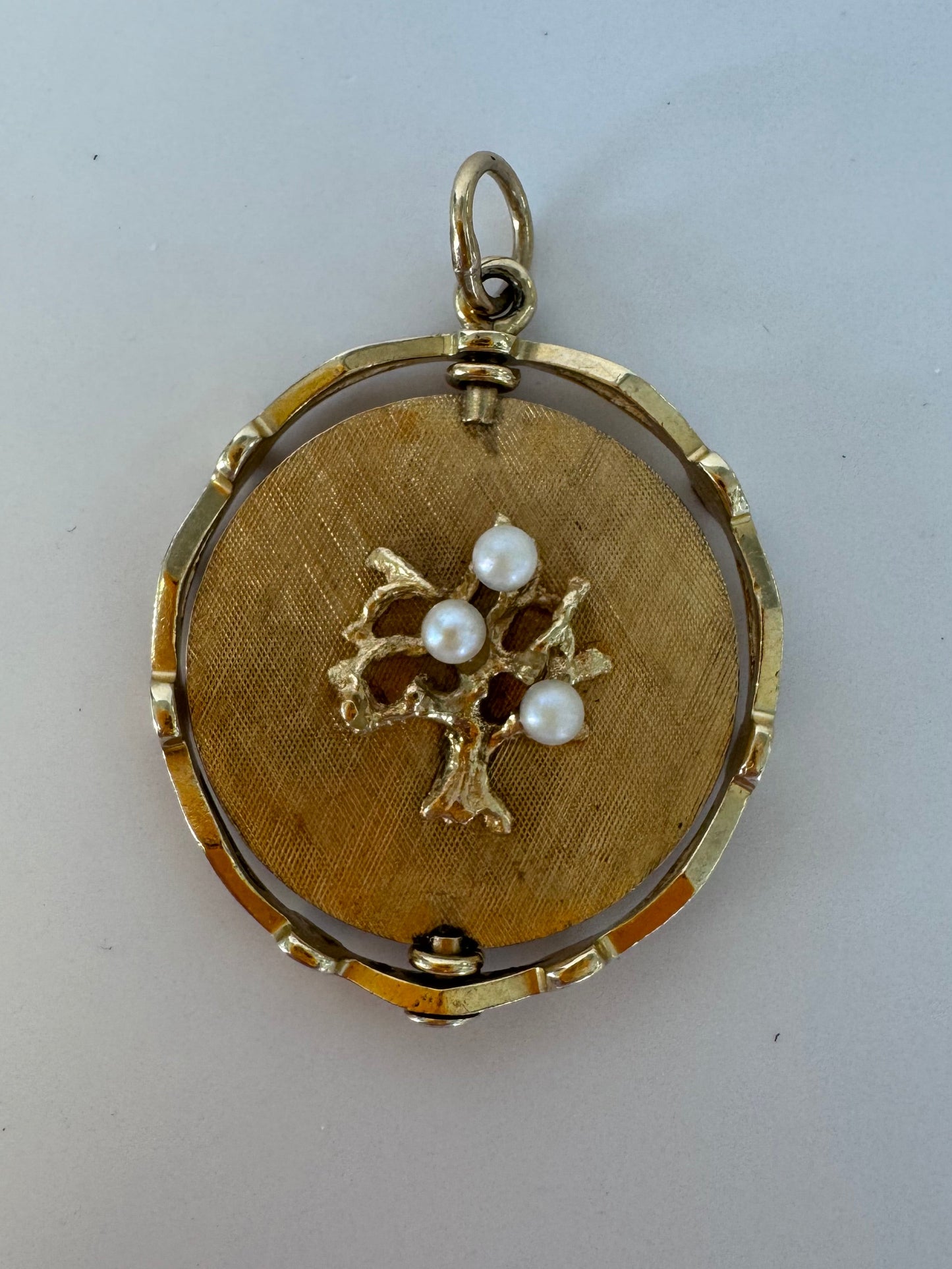 14K gold mechanical rotating Tree of Life anniversary pendant with pearls, flips to reveal Happy Anniversary message, vintage dual-sided jewelry