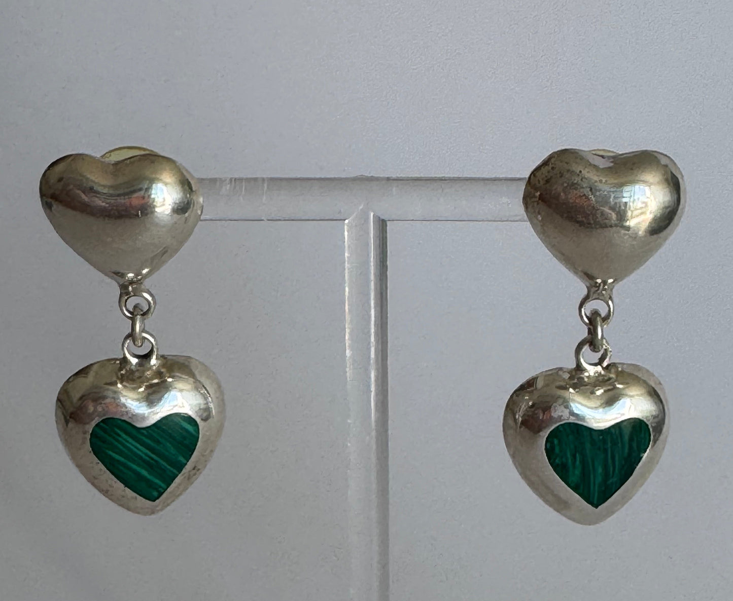 Estate Vintage Sterling Silver Malachite Heart Drop Earrings Double Heart Design