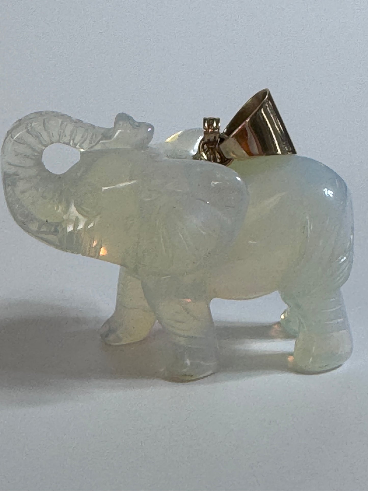 Large hand carved opal elephant pendant with 14K gold bail, trunk up position, estate jewelry good luck charm