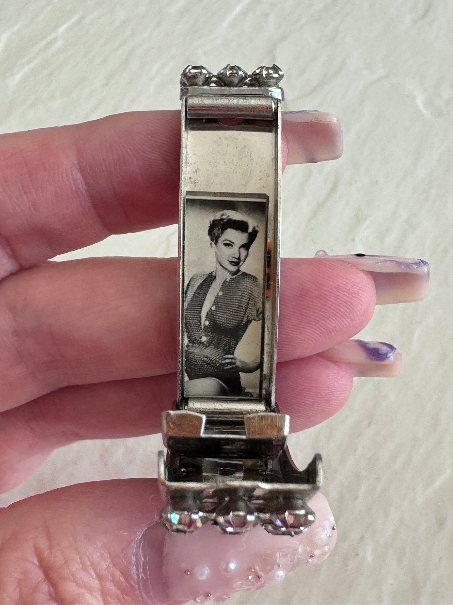 Vintage 1950s Rhinestone Photo Locket Sweetheart Bracelet