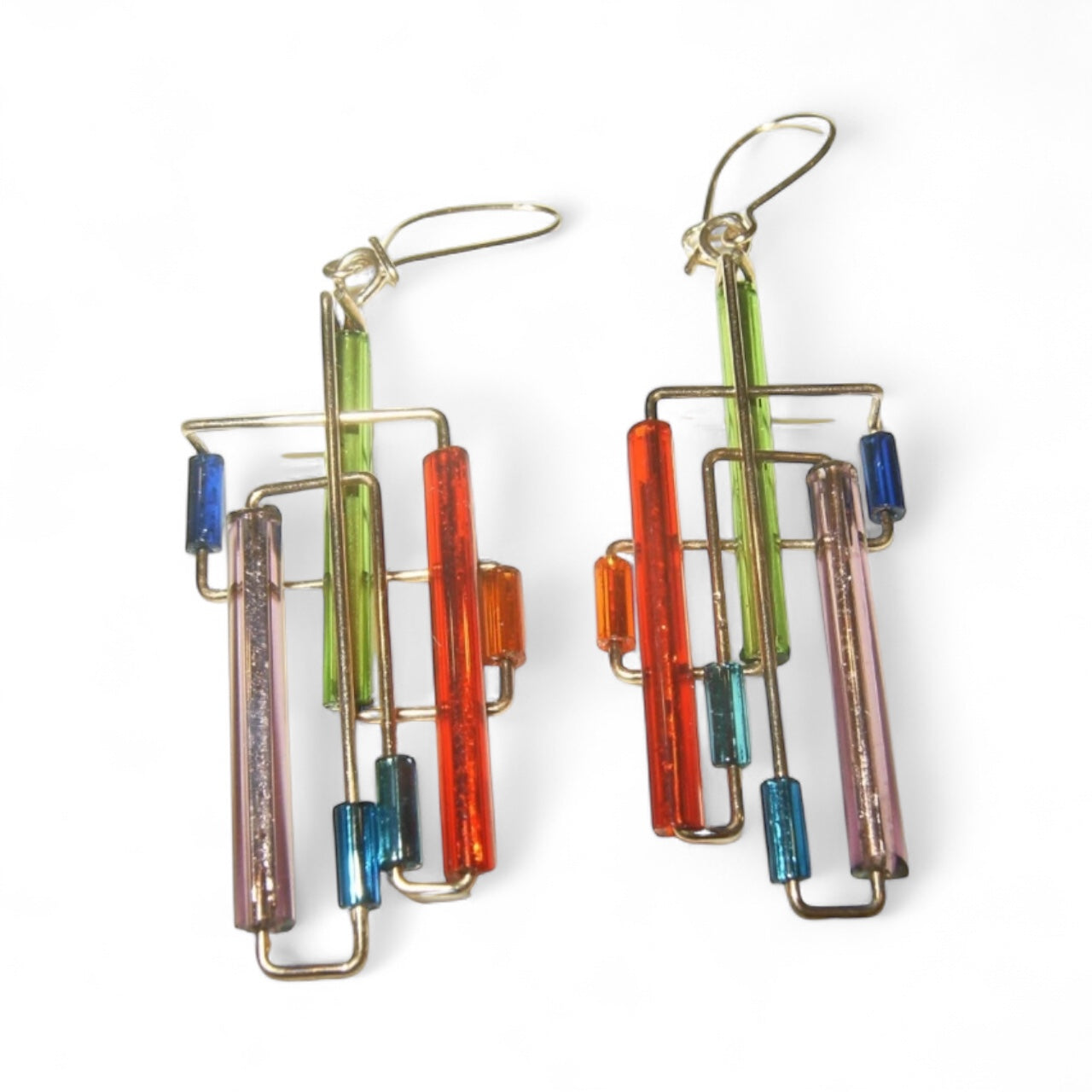 Estate Artist Made Modernist Mondrian 14K Gold Rainbow Maze Earrings
