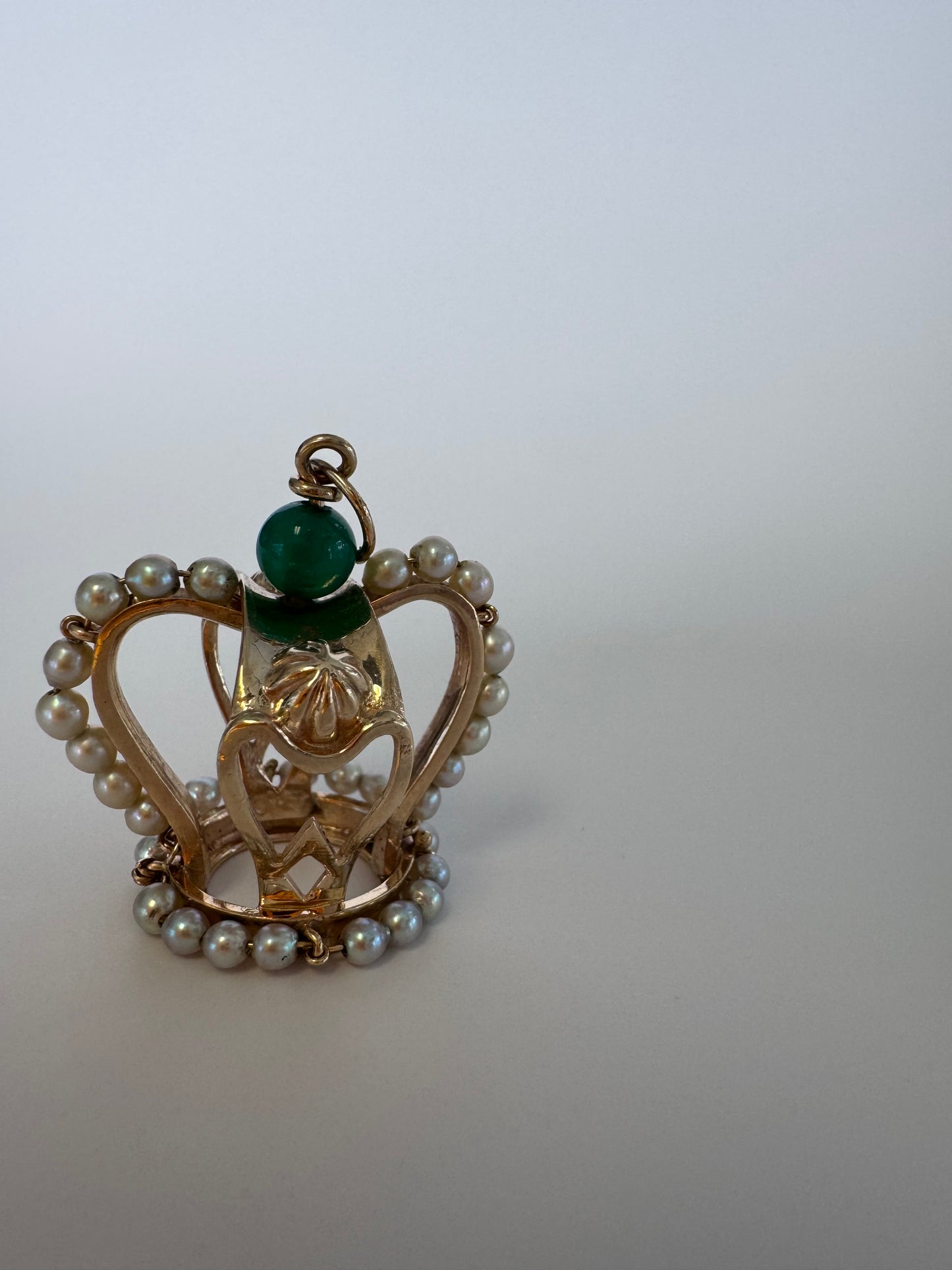 Mid Century Vintage 14K Gold Crown Pendant Natural Jade Pearl Accents Royal Design