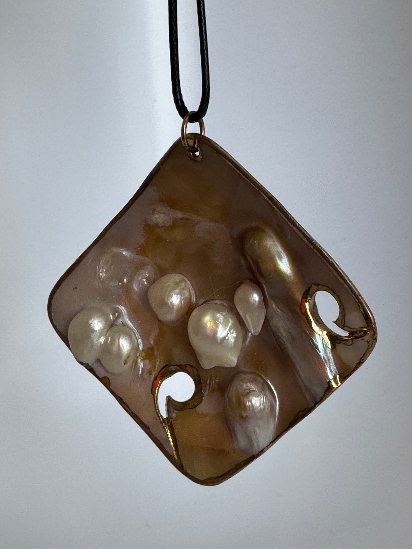 Vintage Large Square Blister Pearl & Mother of Pearl Pendant Necklace - Natural Pearl with Gold Foil Edges