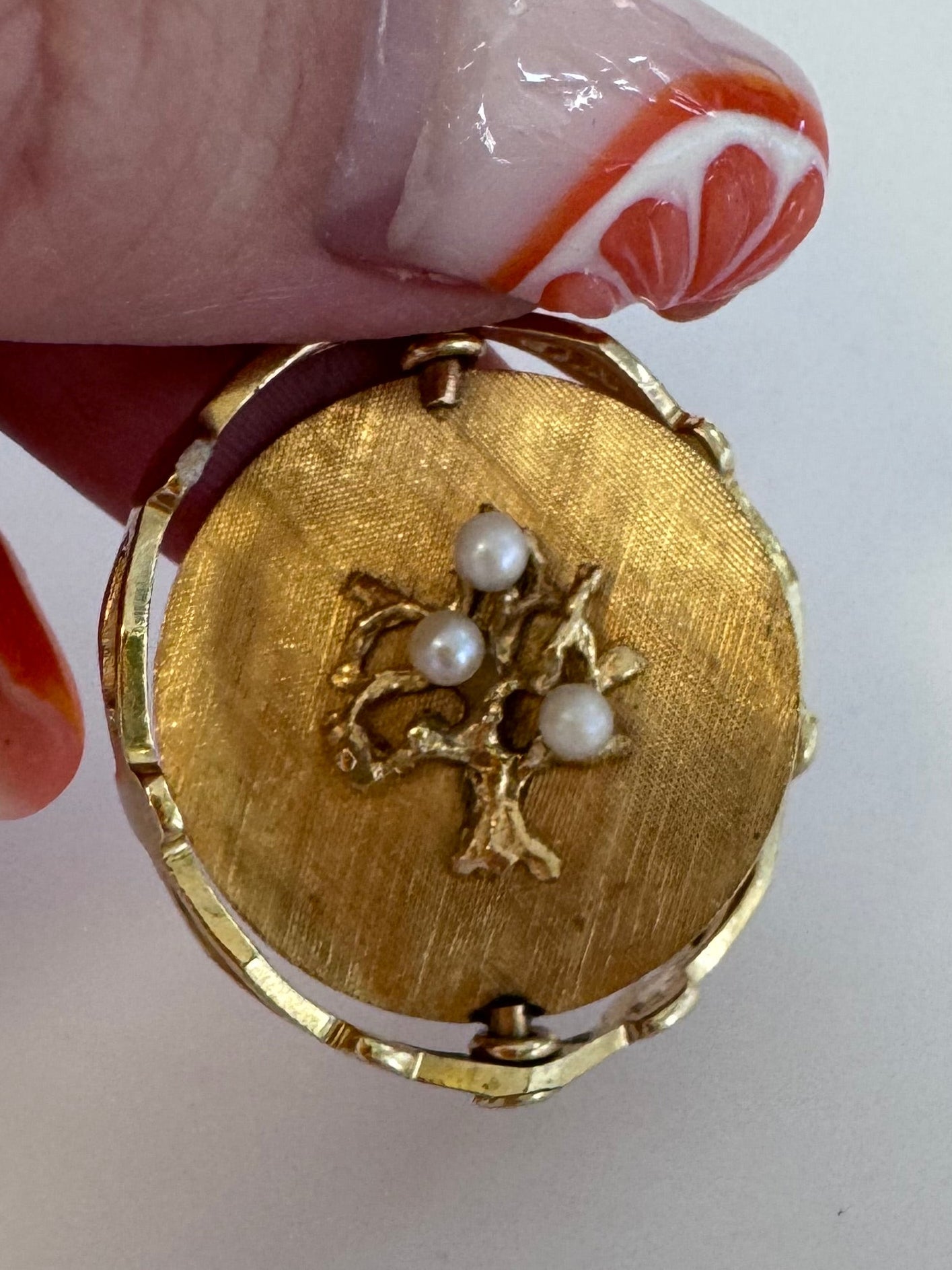14K gold mechanical rotating Tree of Life anniversary pendant with pearls, flips to reveal Happy Anniversary message, vintage dual-sided jewelry