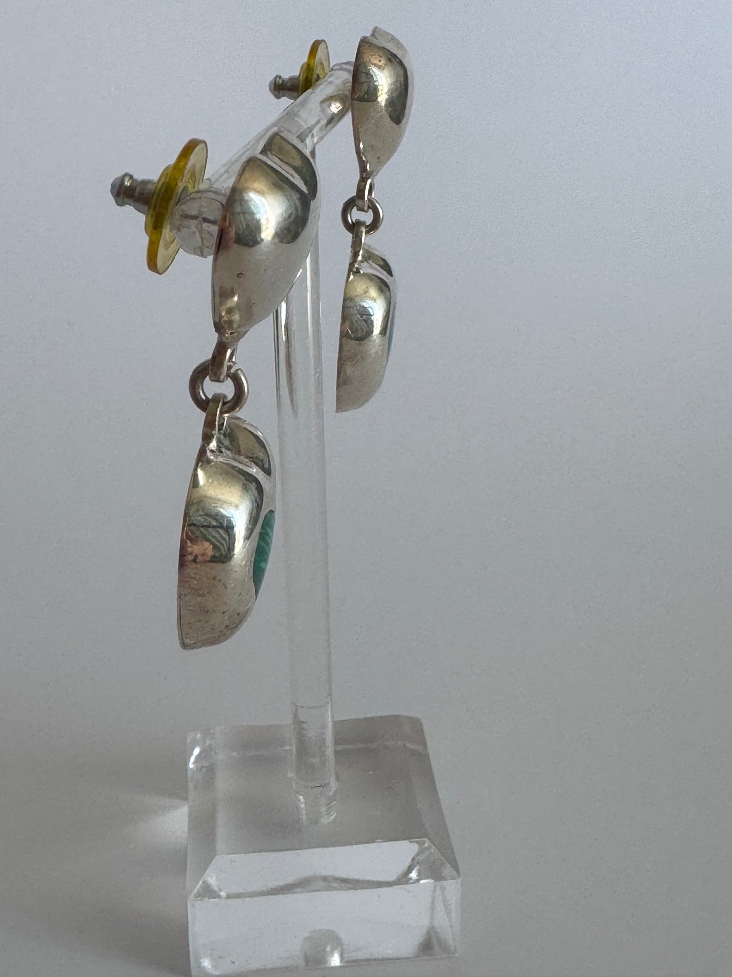Estate Vintage Sterling Silver Malachite Heart Drop Earrings Double Heart Design