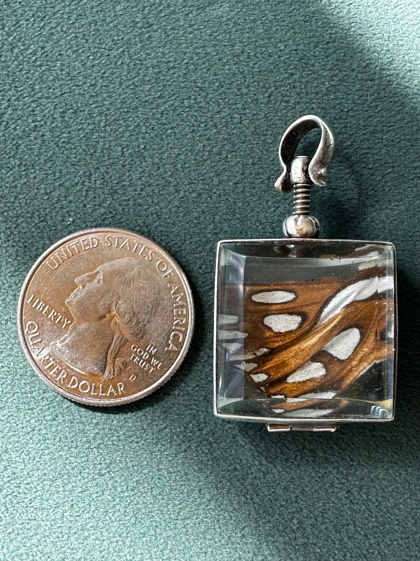 Vintage Real Butterfly Wing Sterling Silver Locket Pendant Square Glass Screw Open Insect Jewelry